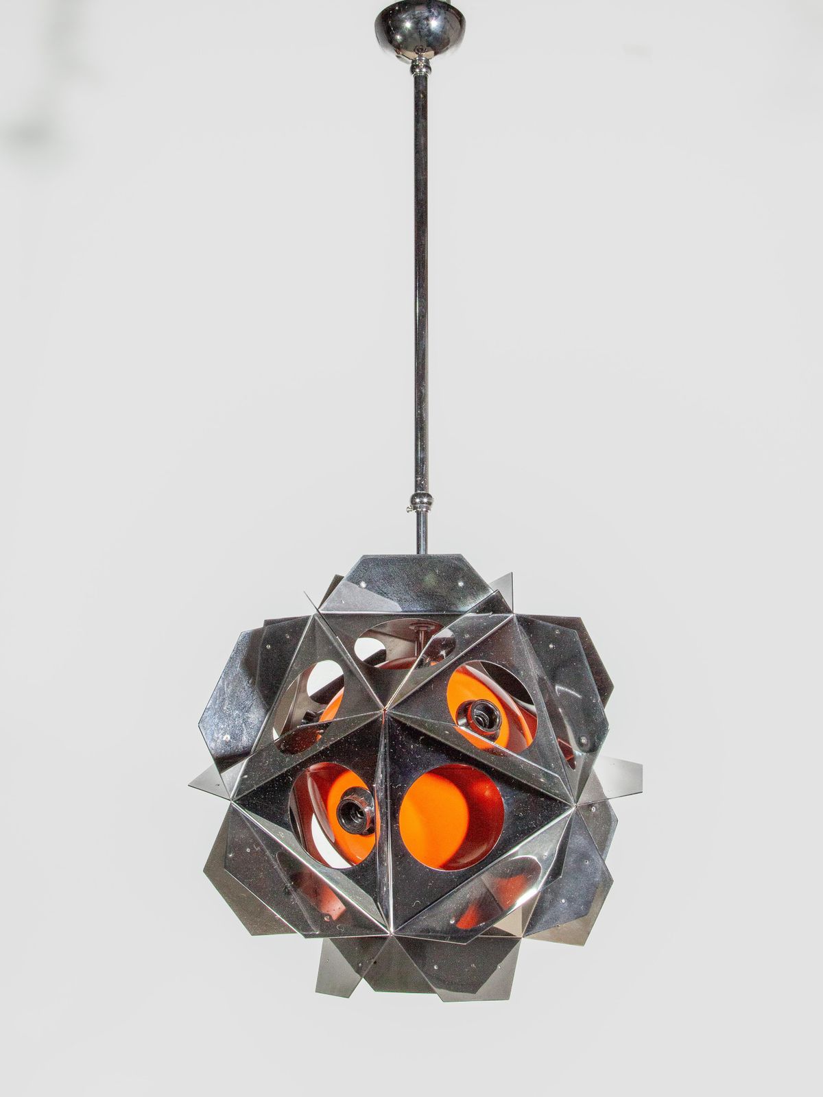 Space Age Bruno Munari Style Set Of Two Orange Geometric Chandeliers photo furniture