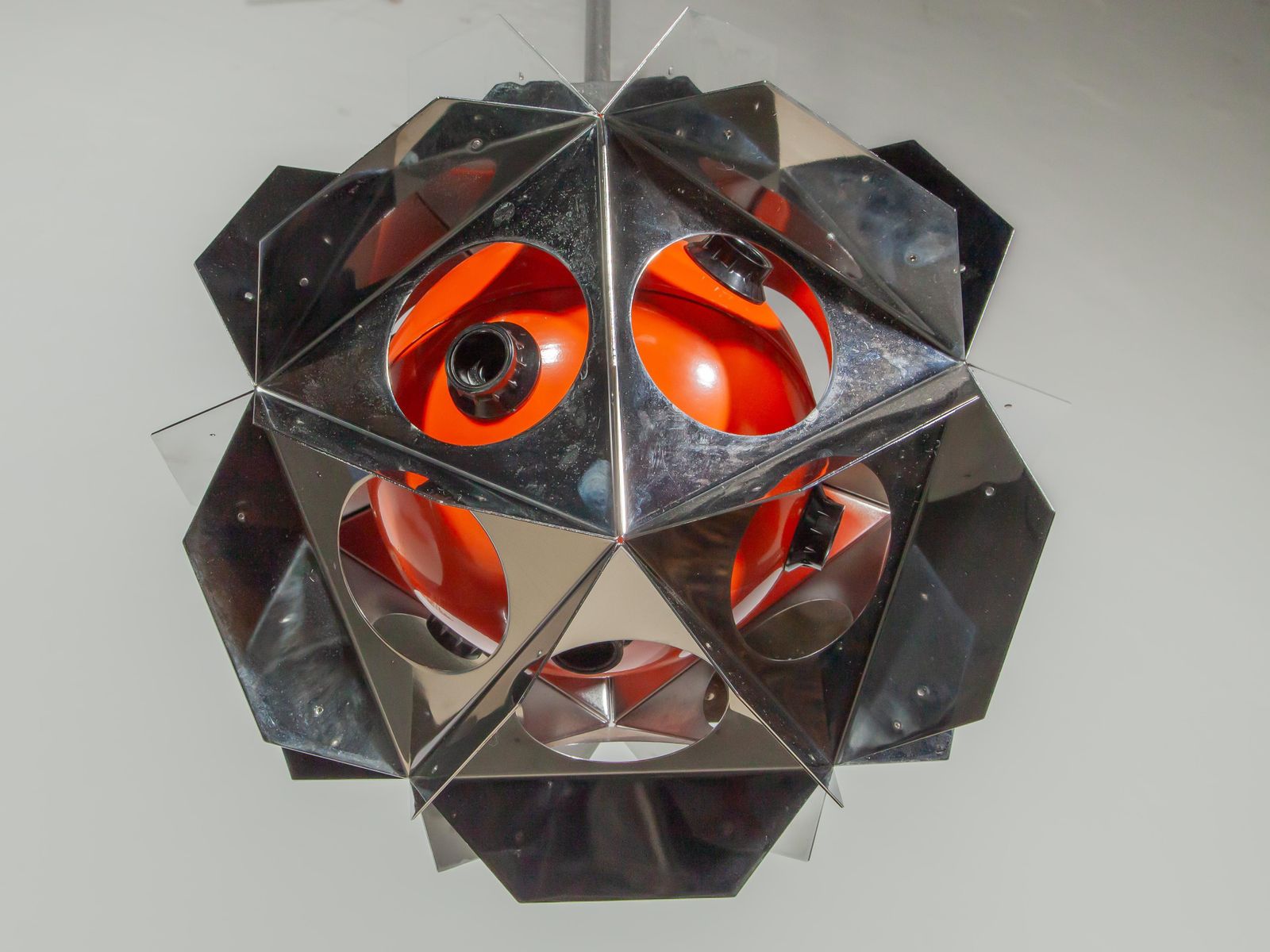 photo for sale Space Age Bruno Munari Style Set Of Two Orange Geometric Chandeliers