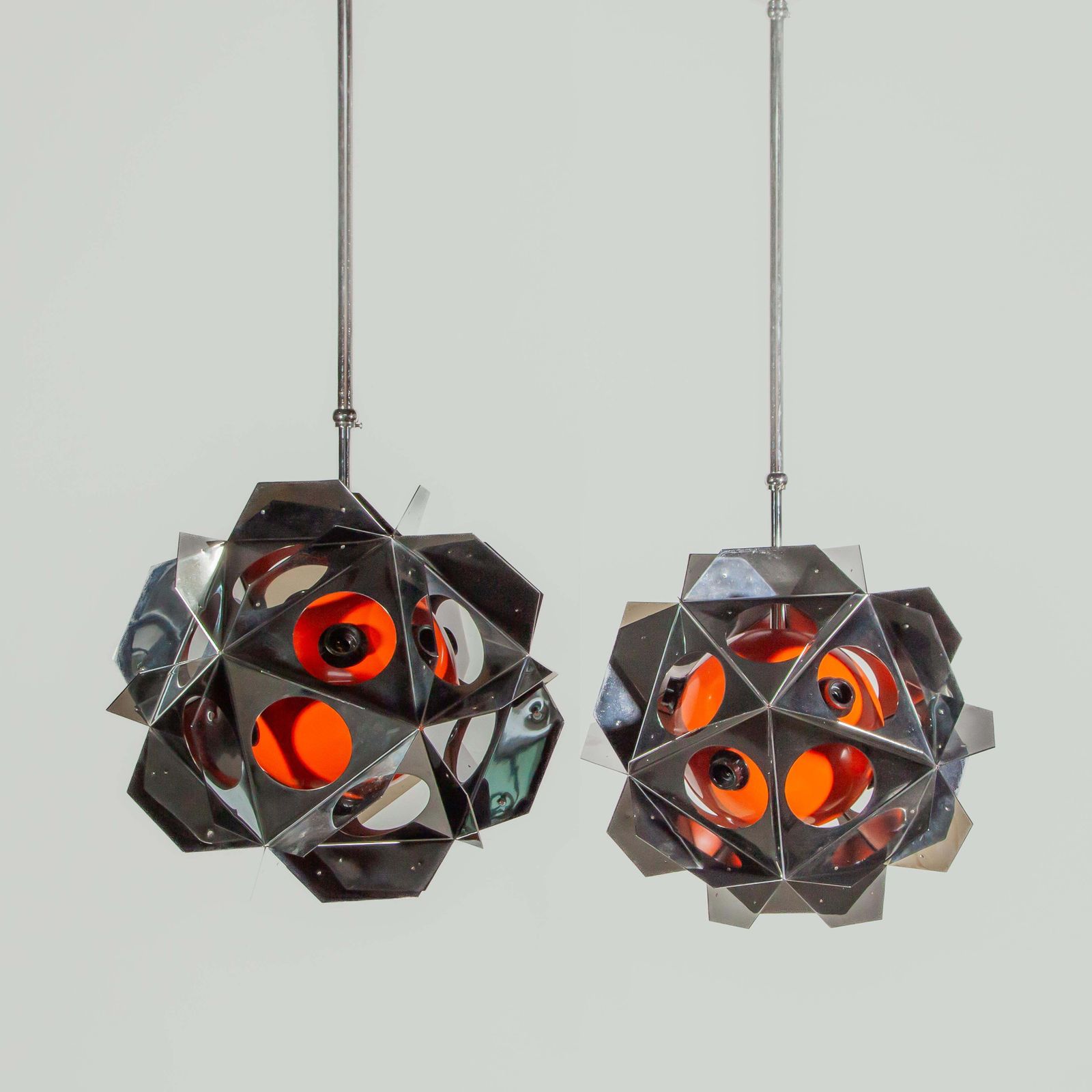 1775.0 Space Age Bruno Munari Style Set Of Two Orange Geometric Chandeliers photo