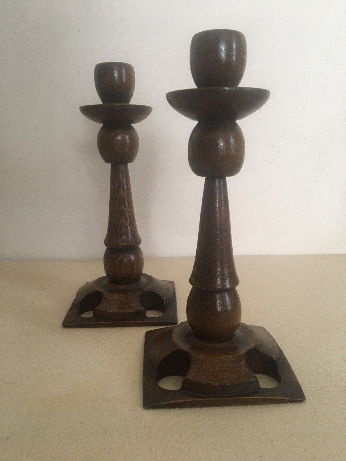 Pair Arts And Crafts Wooden Candlesticks Aesthetic Movement Treen photo vinterior