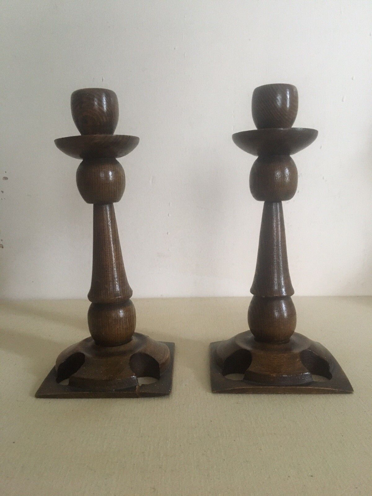 52.0 Pair Arts And Crafts Wooden Candlesticks Aesthetic Movement Treen photo