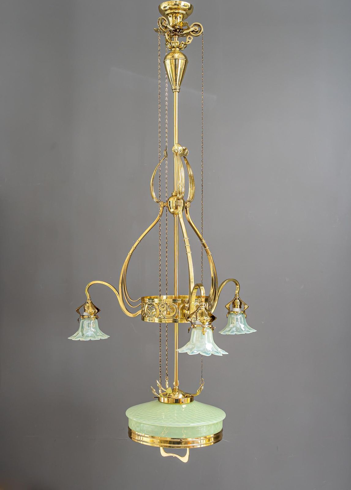 Adjustable Floral Jugendstil Chandelier With Opaline Glass Shades Around 1910 photo vintage