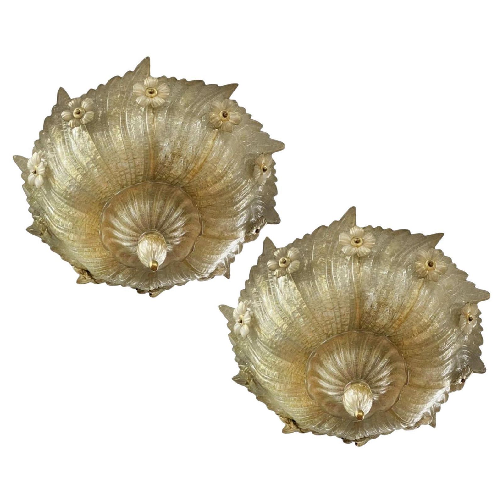 Pair Grand Hotel Ceilings Flush Mount By Barovier & Toso, Murano, 1980s