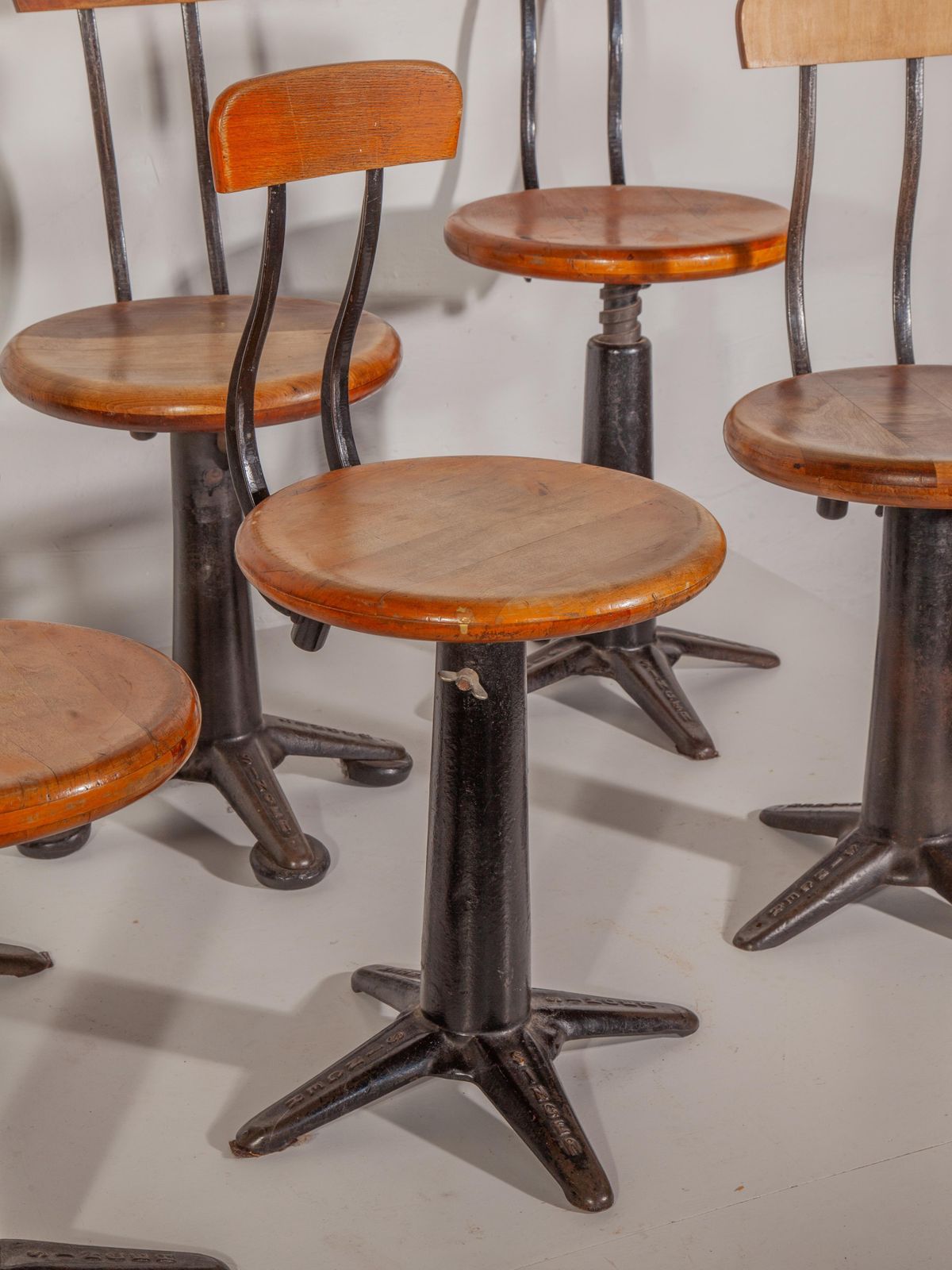 Furniture Antique Set Of Six Industrial Singer Sewing Adjustable Chairs, Stools, 1920s photo