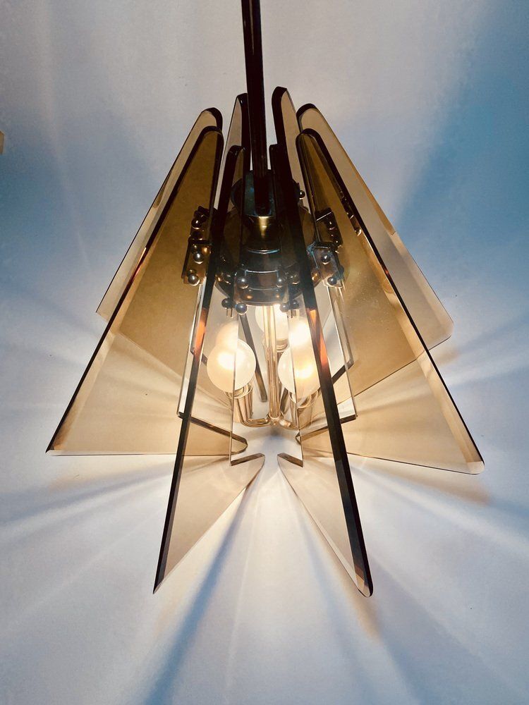 Tinted Glass And Brass Hanging Lamp By Gino Paroldo For Fontana Arte, 1950s photo for sale