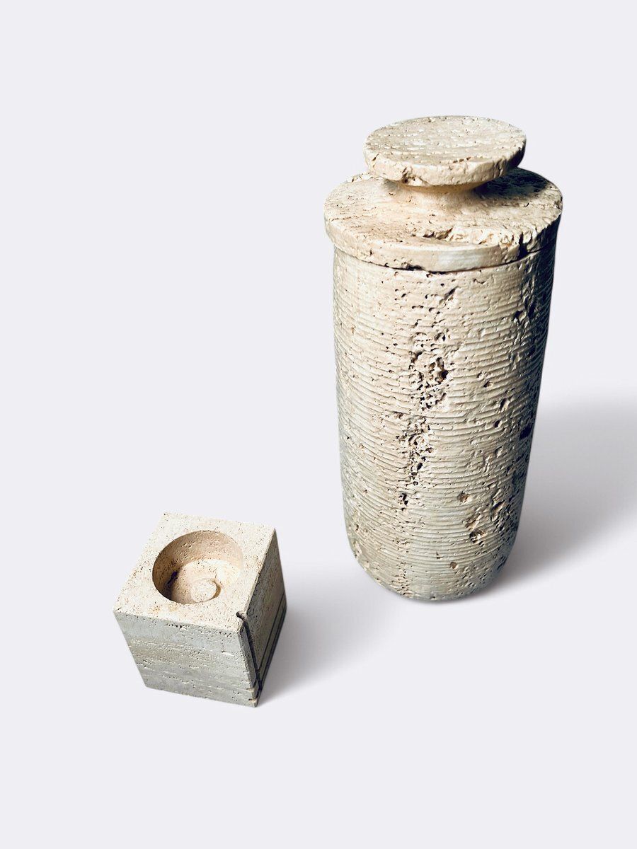 Travertine Jar And Candleholder From Fratelli Mannelli, Italy, Set Of 2 photo furniture