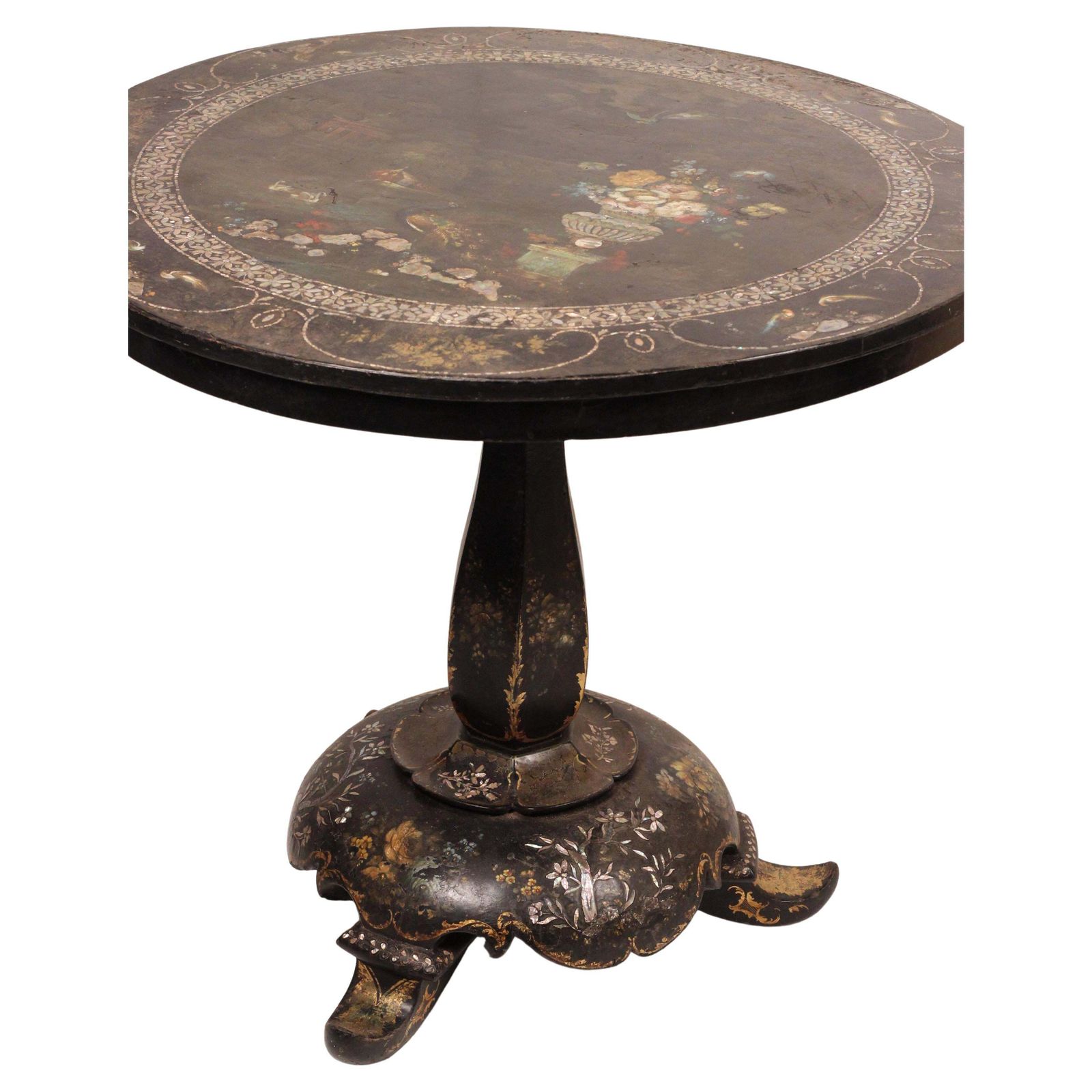 photo for sale Victorian Japanned Papier Mâché Tilt Table With Nacre Inlay, C.1850 Hand Painted