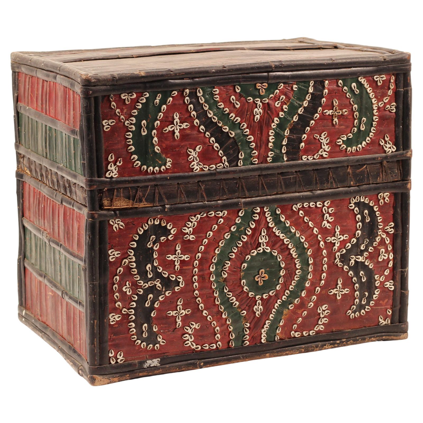 Folk Art Dowry Box, Lombok Indonesia, Cowrie, Painted Palm & Bamboo 1950’s Sasak