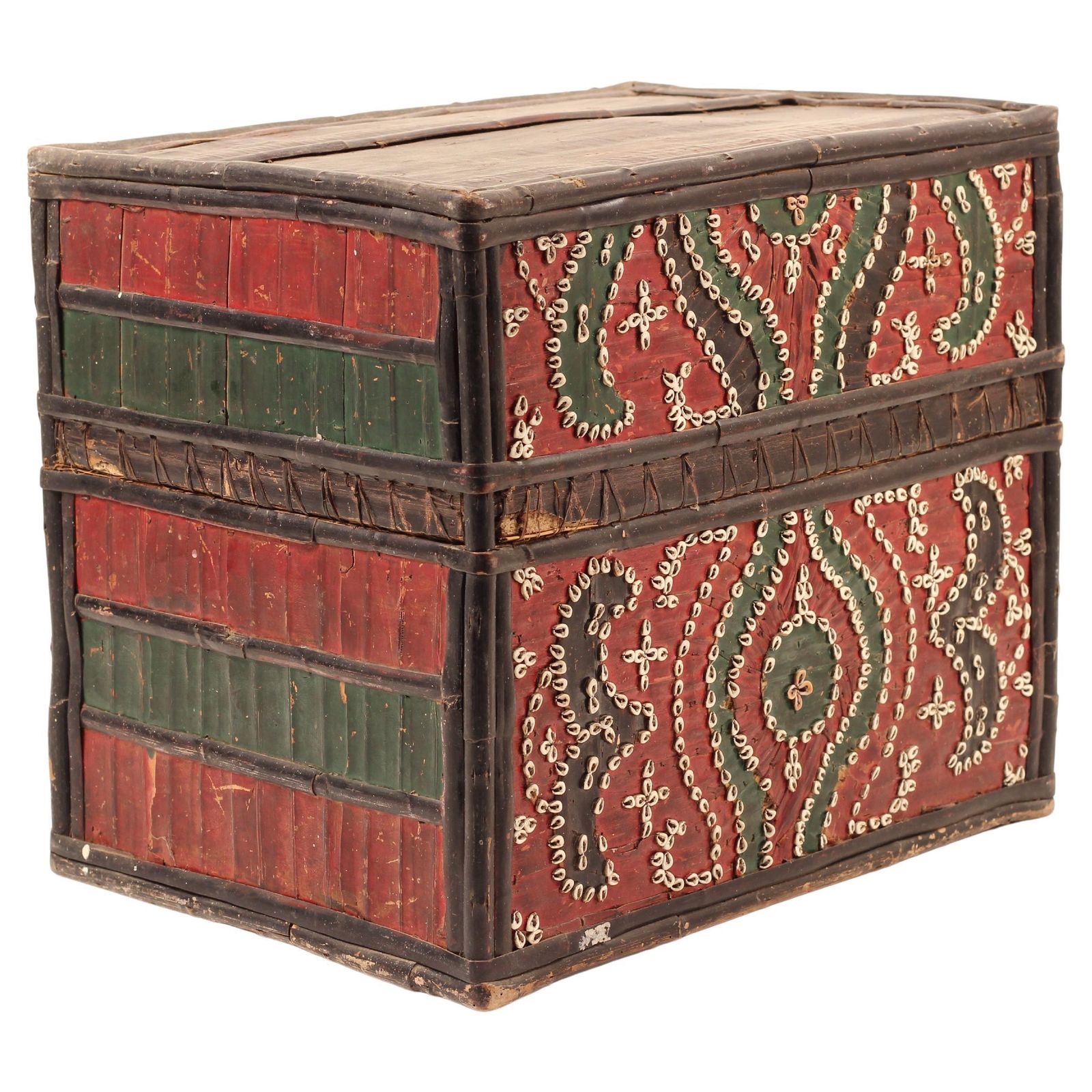 Folk Art Dowry Box, Lombok Indonesia, Cowrie, Painted Palm & Bamboo 1950’s Sasak photo for sale