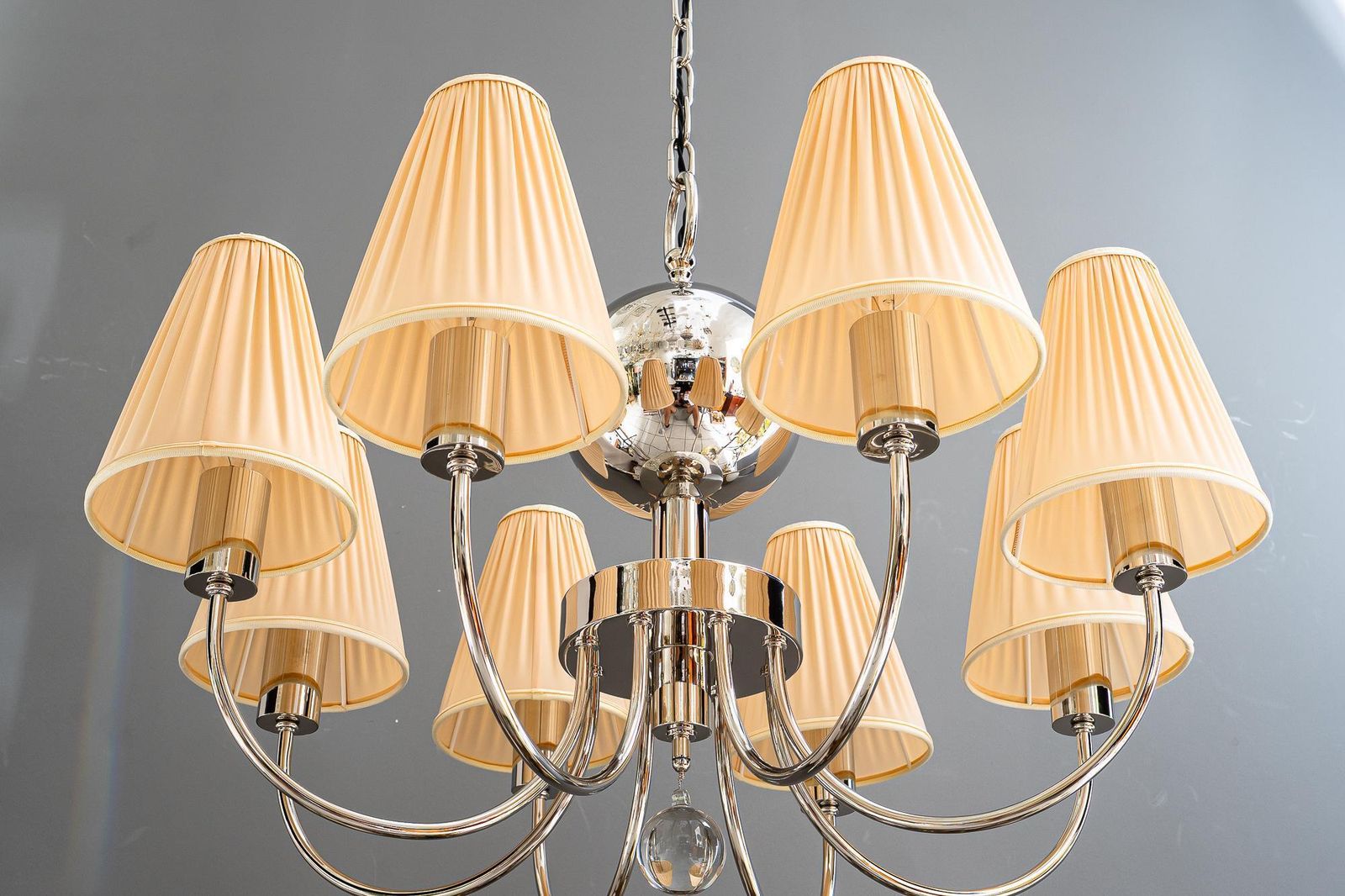 photo furniture Art Deco Nickel Plated Chandelier With Fabric Shades Vienna Around 1920s