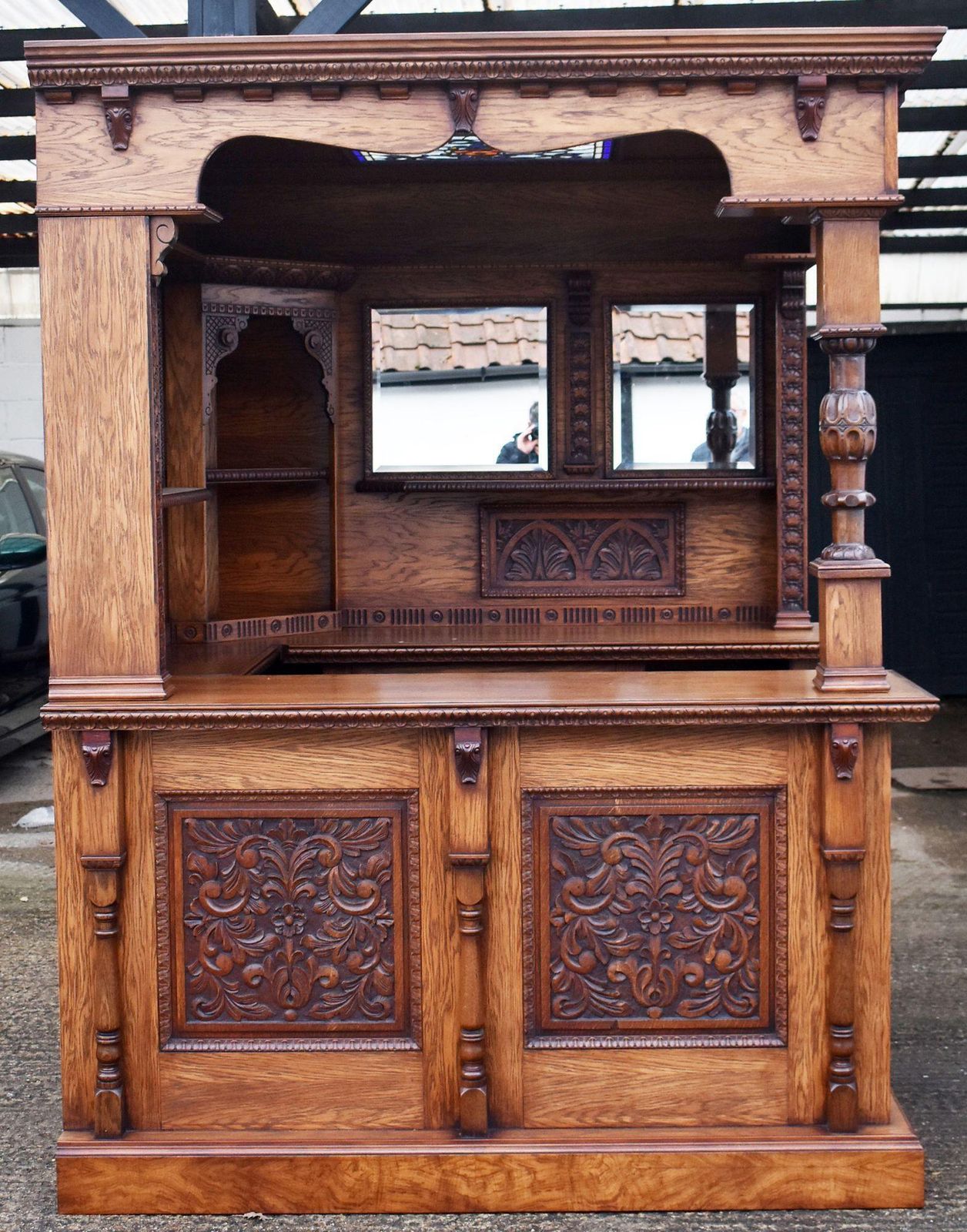 Carved Oak Corner Bar, 1980s, Vintage photo for sale
