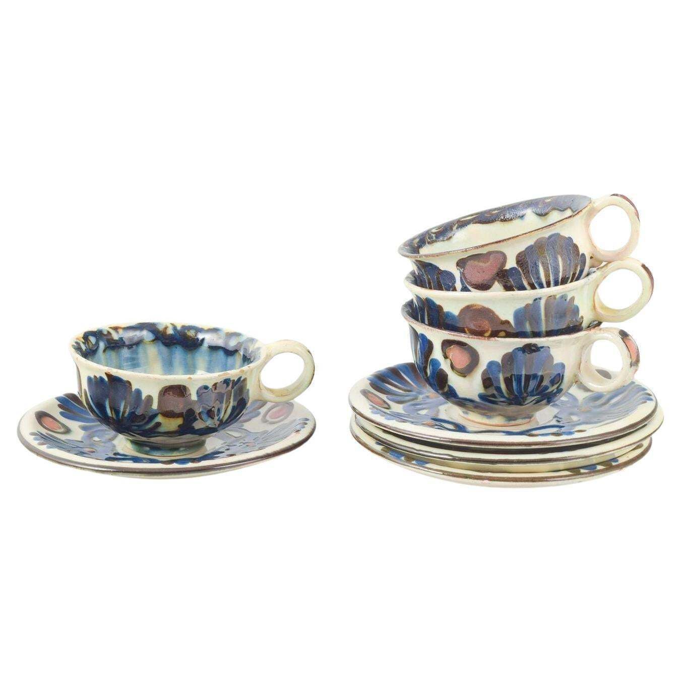 Kähler, Denmark. Set Of Four Ceramic Teacups With Matching Saucers. 1930s/40s