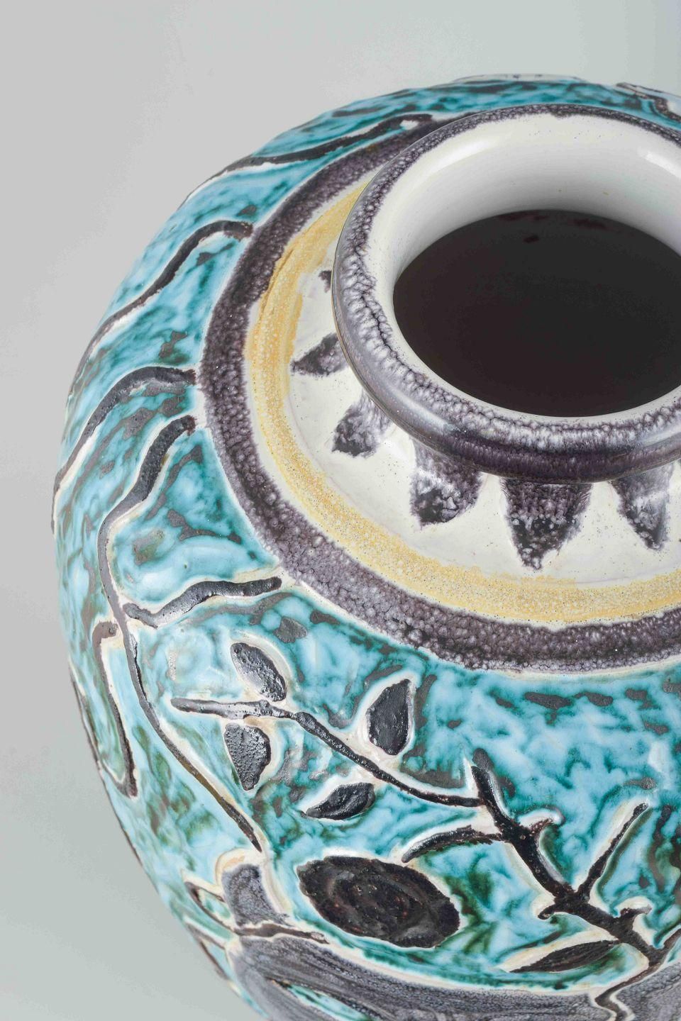 åke Holm For Höganäs. Large Stoneware Vase With Turquoise And Black Glaze. photo for sale