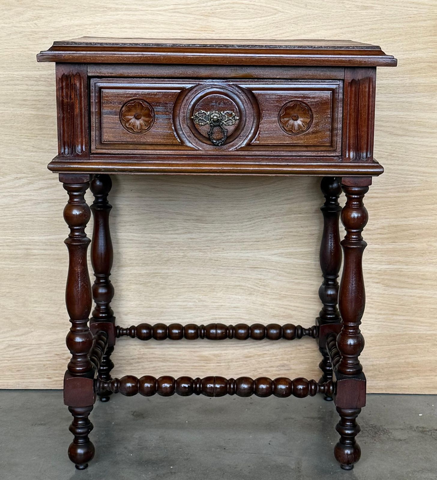 Pair Of Light Walnut Carved Spanish Nightstands With Turned Legs And Drawer photo furniture