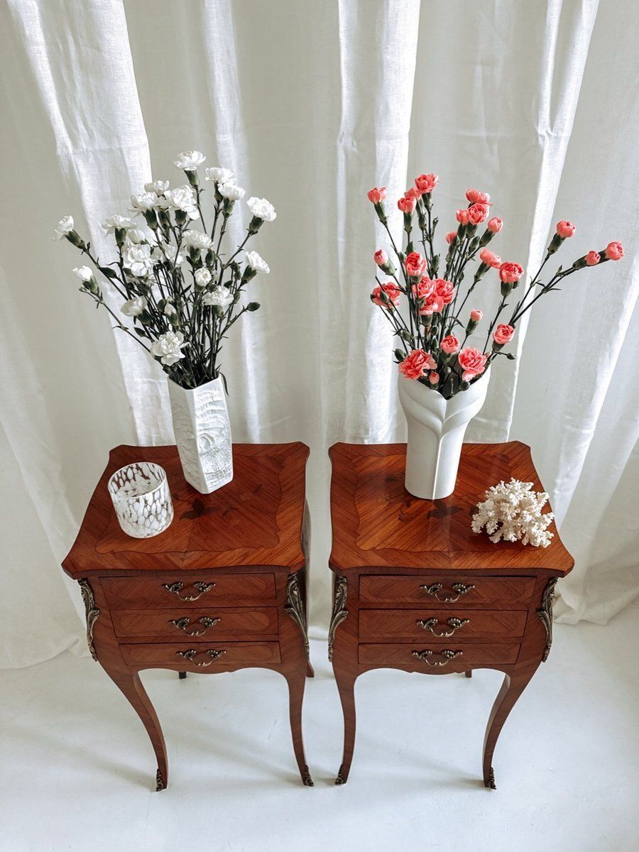 photo furniture Louis XV French Bedside Tables With Floral Marquetry, 1940s, Set Of 2