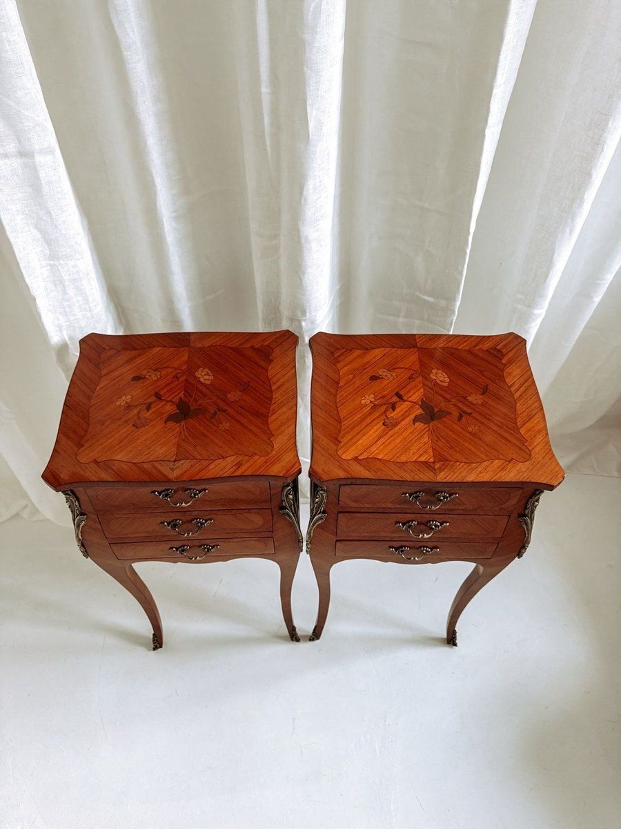 Furniture Louis XV French Bedside Tables With Floral Marquetry, 1940s, Set Of 2 photo