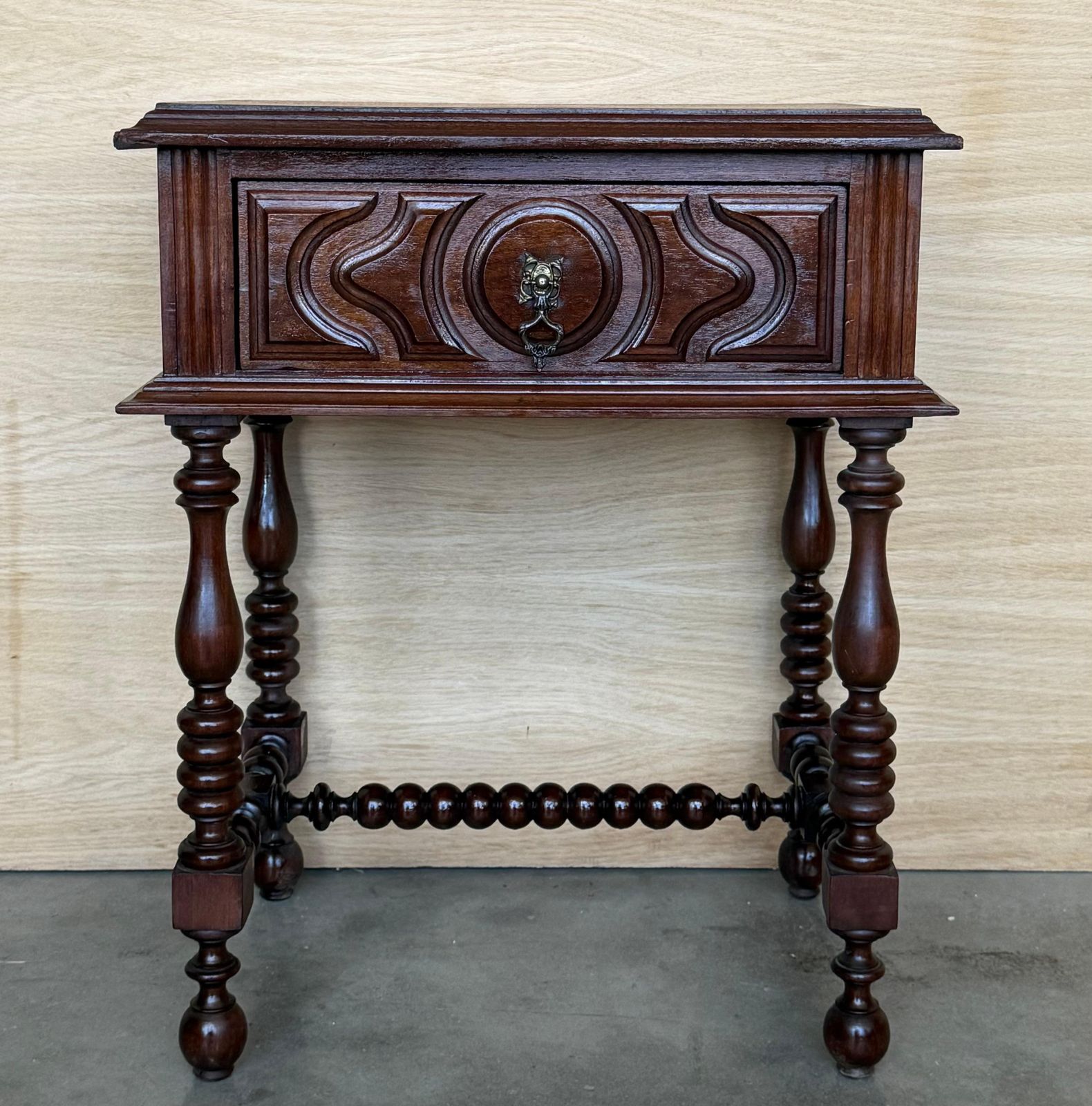 Pair Of Light Walnut Carved Spanish Nightstands With Turned Legs And Drawer photo furniture