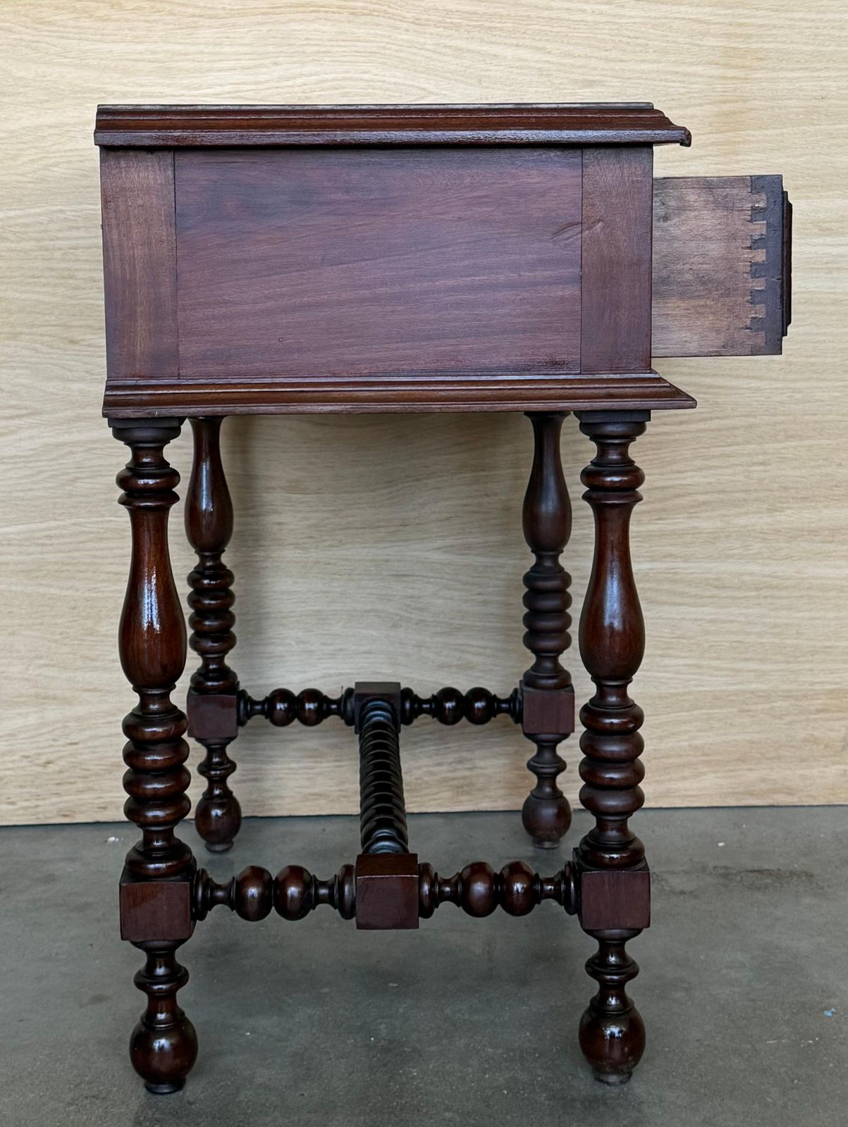 Pair Of Light Walnut Carved Spanish Nightstands With Turned Legs And Drawer photo buy