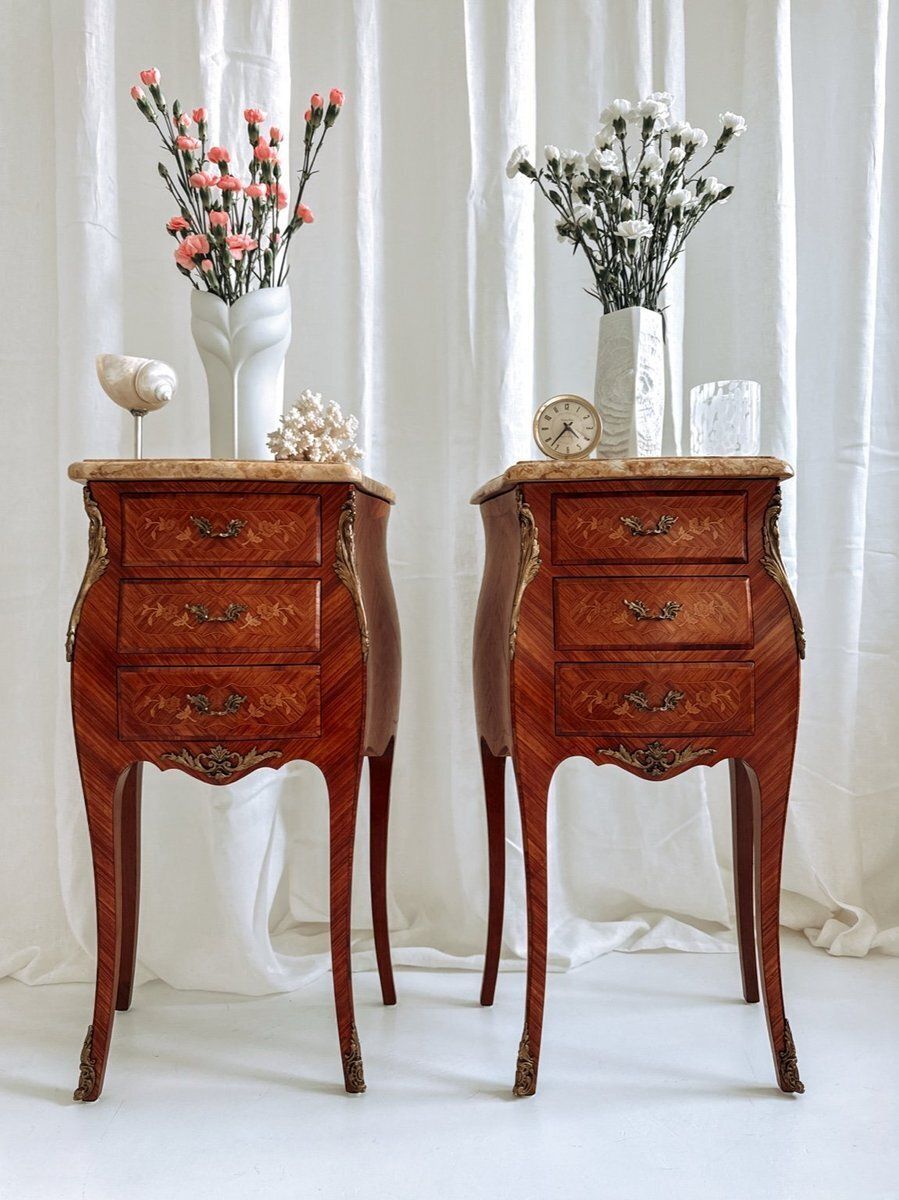 Mid Century French Louis XV Style Bedside Tables With Marble Tops And Floral Marquetry, 1940s, Set Of 2 photo Furniture