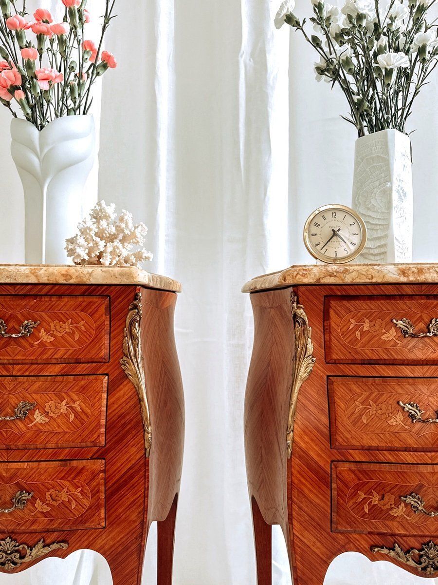 photo furniture Mid Century French Louis XV Style Bedside Tables With Marble Tops And Floral Marquetry, 1940s, Set Of 2