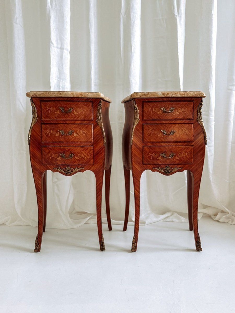 photo buy Mid Century French Louis XV Style Bedside Tables With Marble Tops And Floral Marquetry, 1940s, Set Of 2