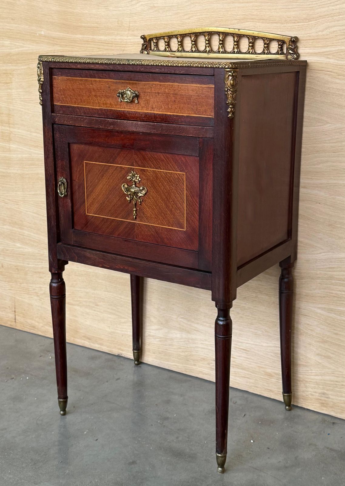 Pair Of French Mahogany Nightstands With Drawer, Door And Bronze Crest photo Furniture