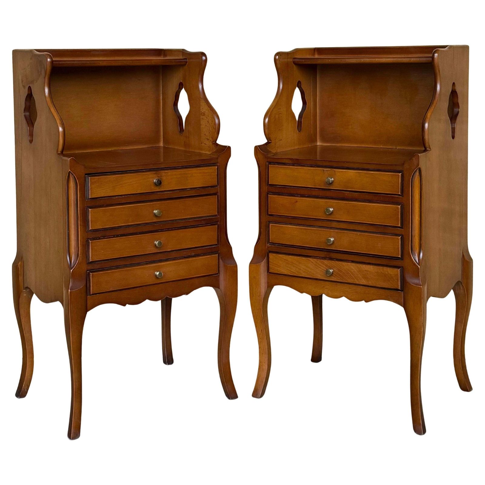 Paire de tables de chevet françaises, étagère haute et quatre tiroirs bas