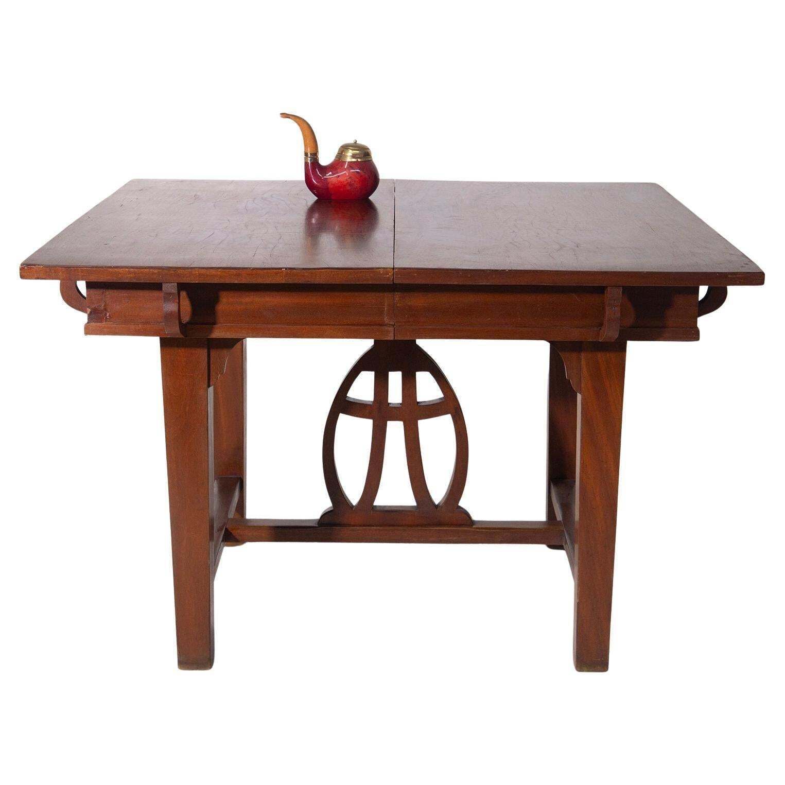 Italian Art Nouveau Walnut Extendable Dining Table With Lyre Motif Base, Liberty