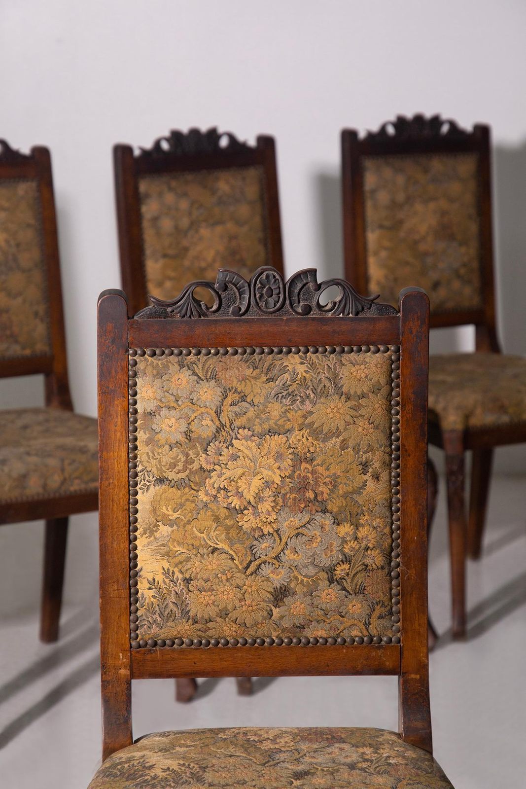 French Dining Chairs, Set Of Six With Original Upholstery And Carved Walnut Leg photo for sale