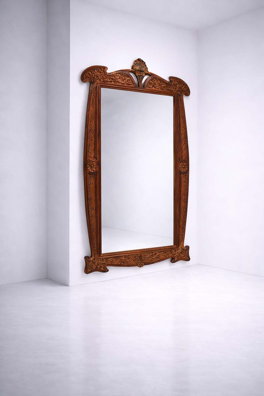 Artlarge Italian Art Nouveau Mirror In Carved Walnut With Floral Motifs photo vinterior