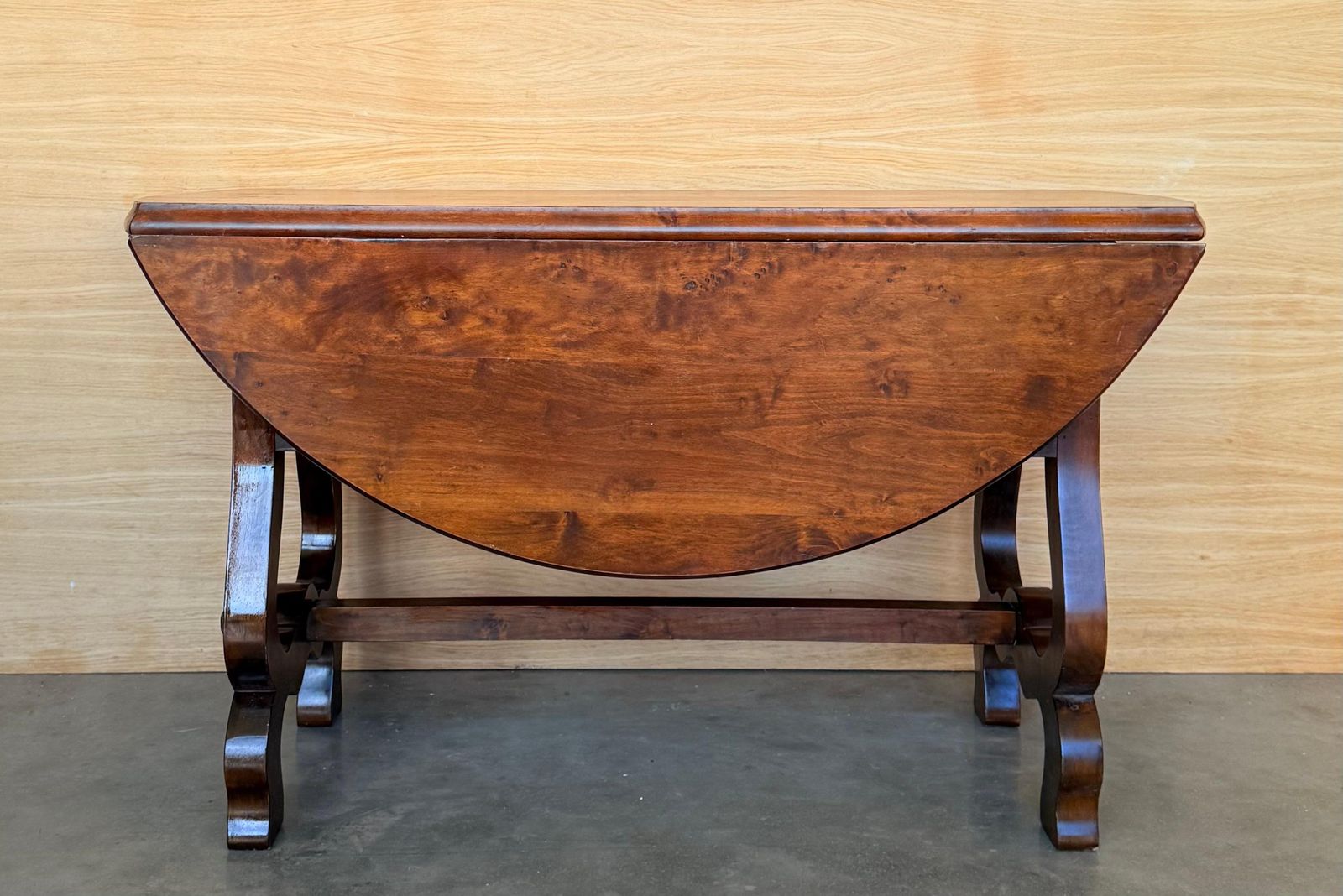 Spanish 20th Century Walnut Drop Leaf Table With Round Top And Lyre Legs photo furniture