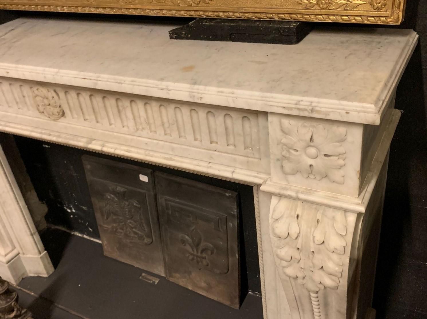 White Carrara Marble Fireplace Mantle, Carved With Flowers And Decorations, France photo 6634.0
