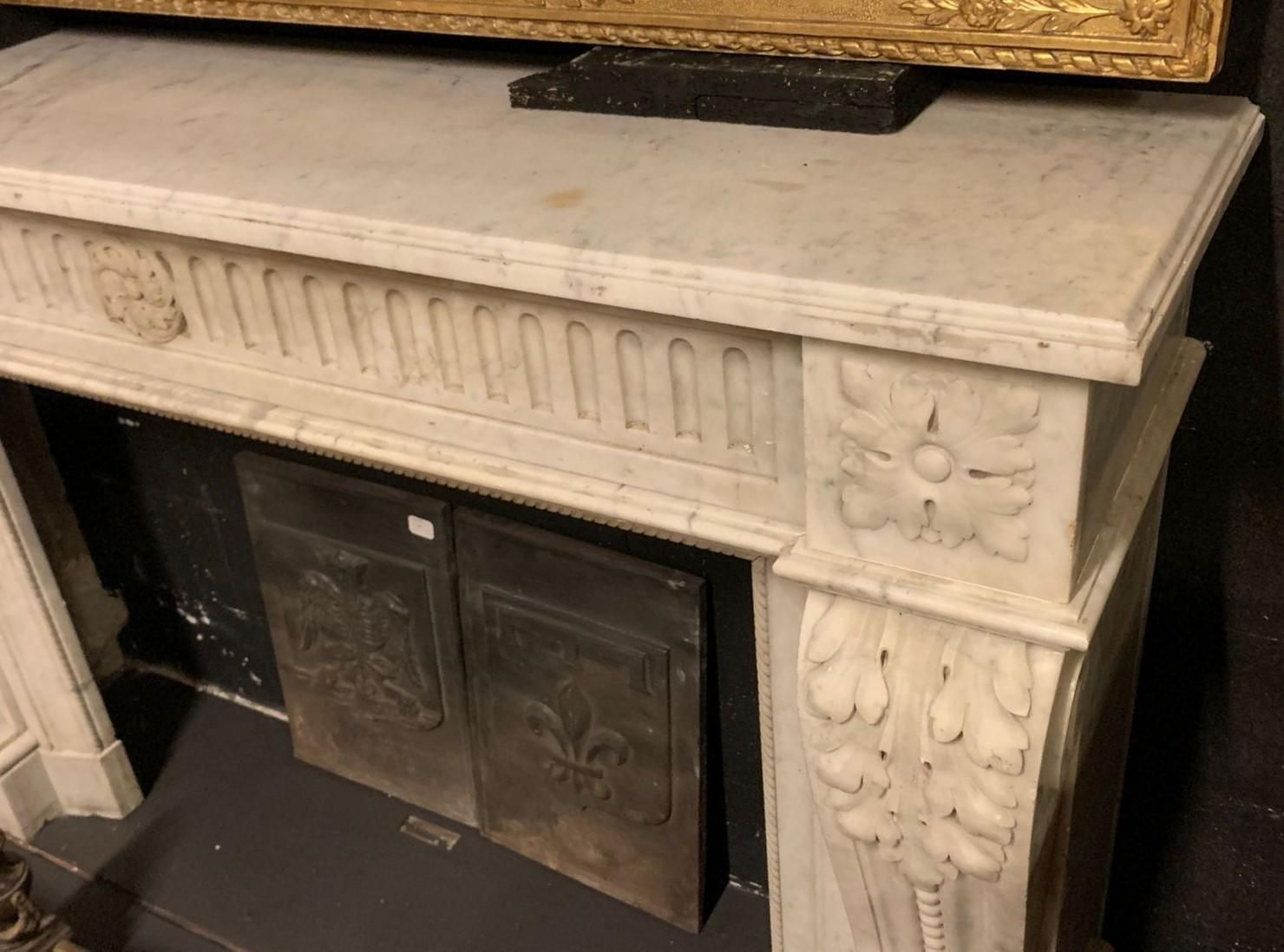 White Carrara Marble Fireplace Mantle, Carved With Flowers And Decorations, France photo vinterior