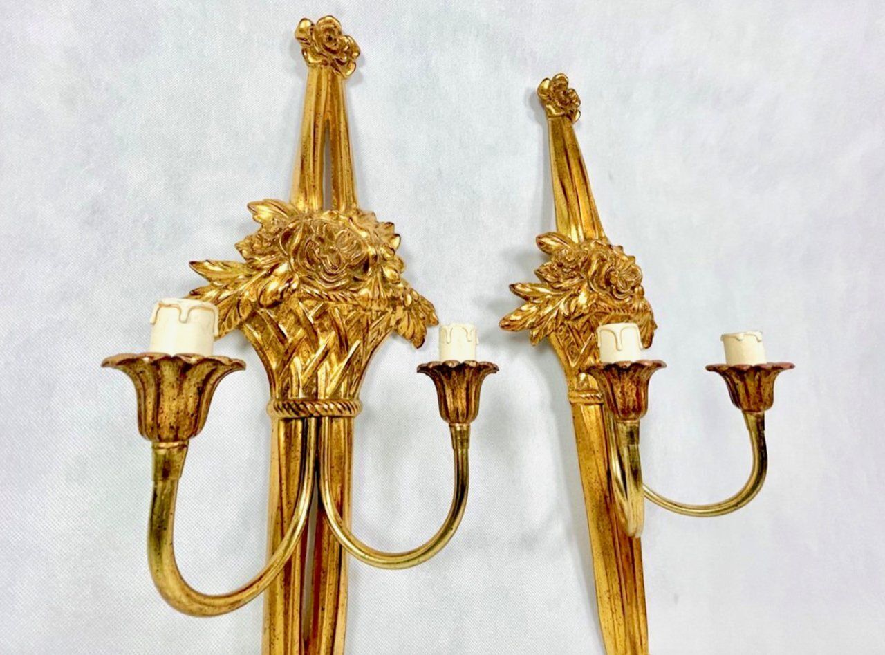 Vintage Belgian Louis XVI Style Gold Wall Lamps, 1990s, Set Of 2 photo Lighting