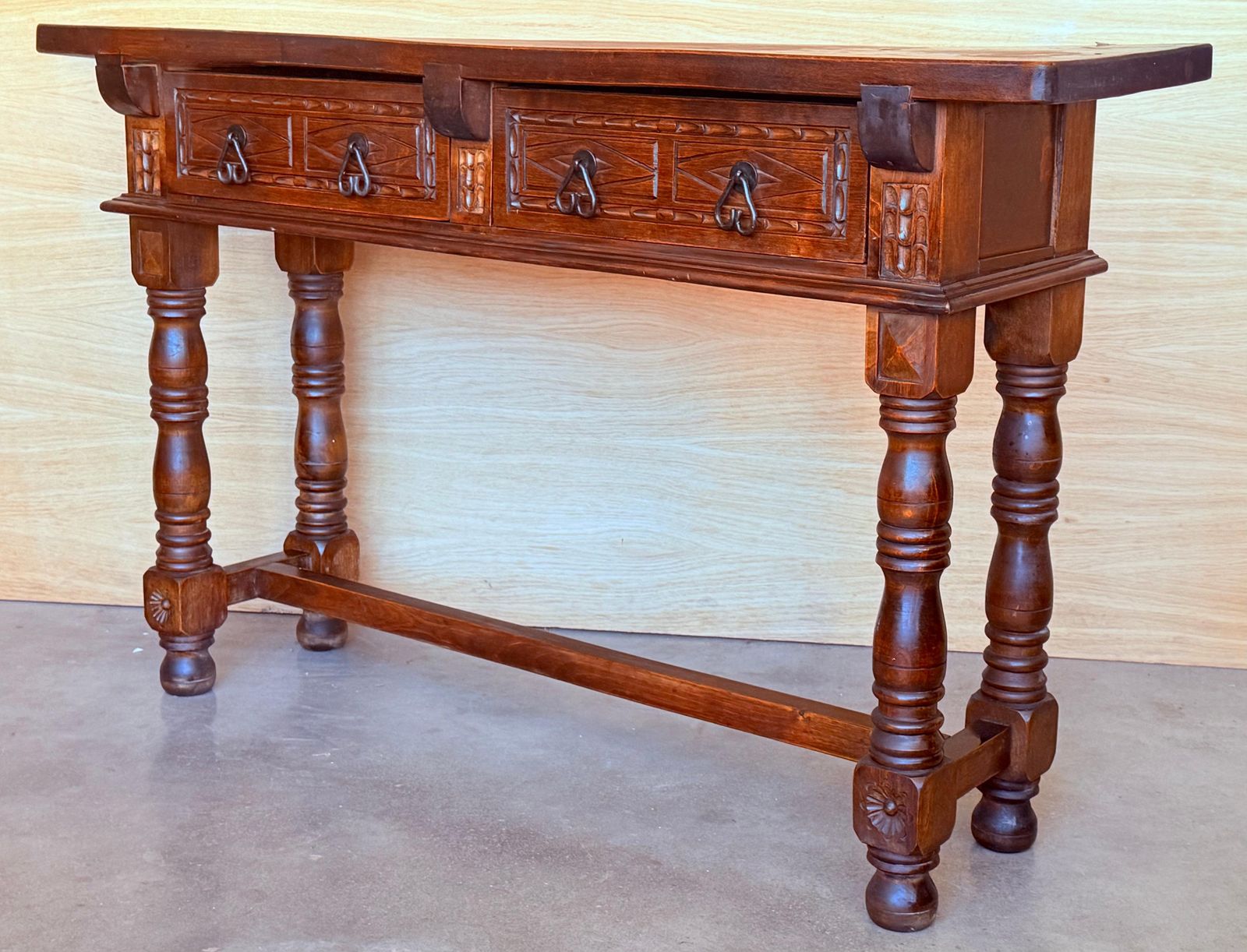 Early 20th Century Spanish Console Table With 2 Drawers And Turned Legs photo vintage