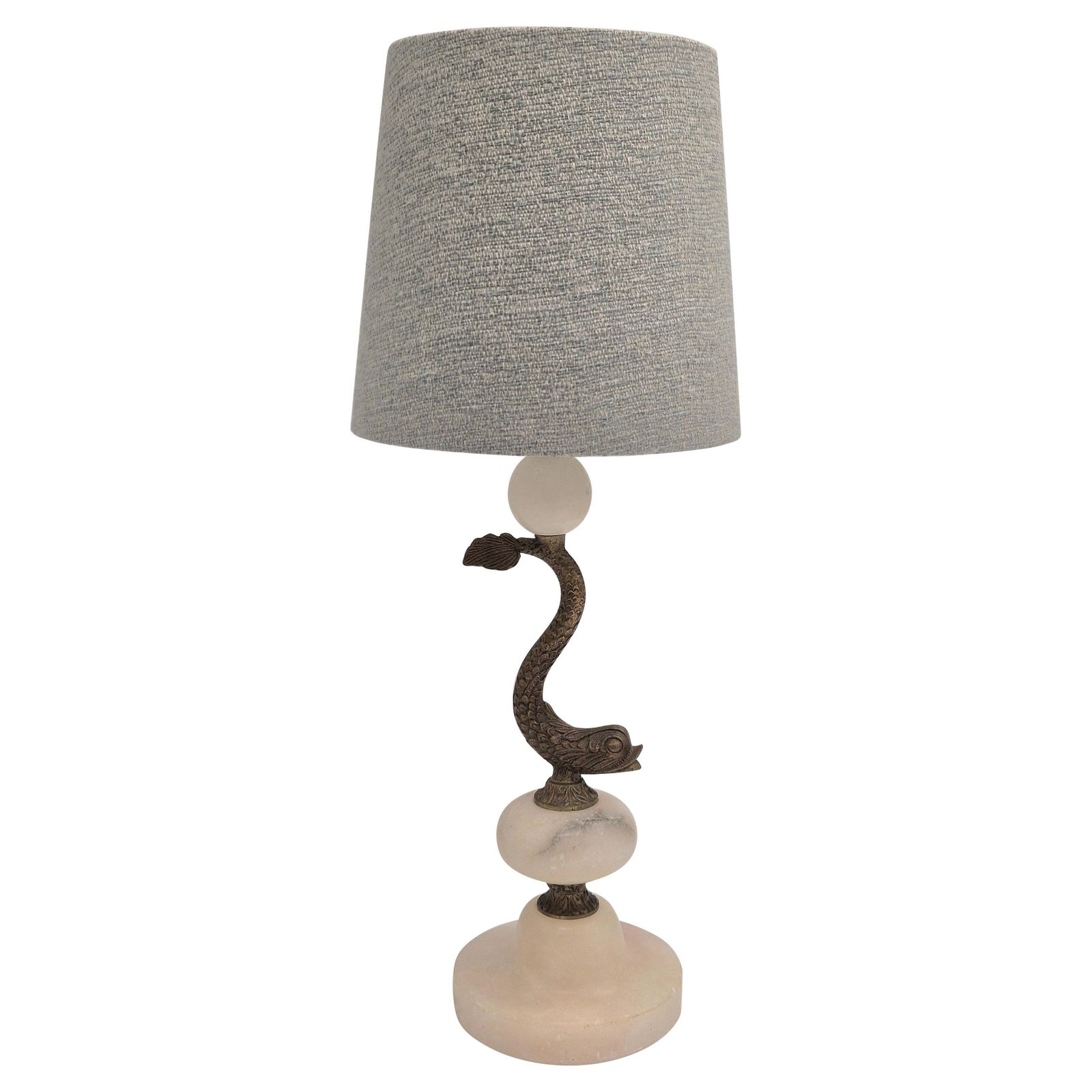 Sculptural Table Lamp In Alabaster With Decor Of Fish/Dolphin, Swedish Grace