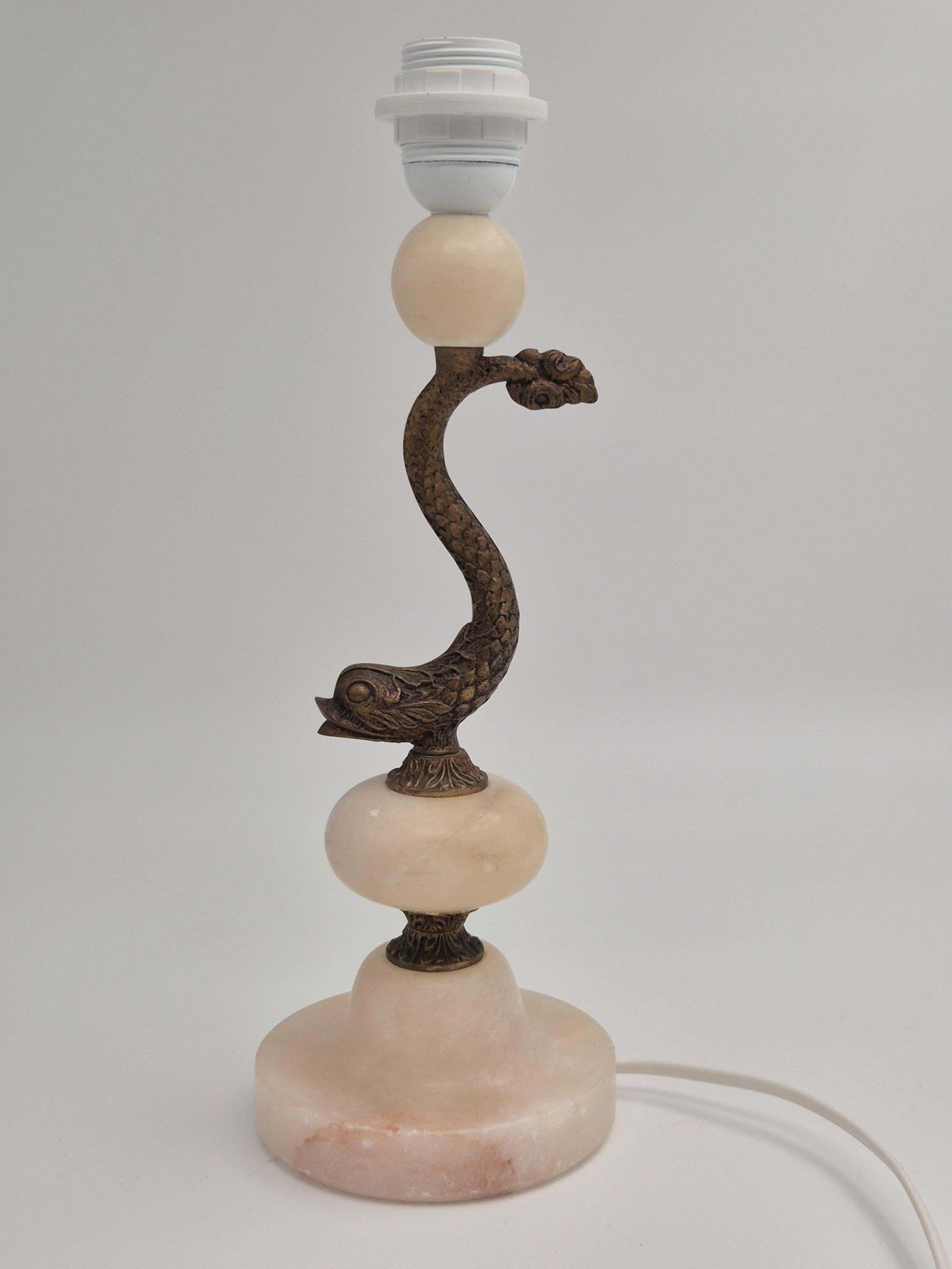 Sculptural Table Lamp In Alabaster With Decor Of Fish/Dolphin, Swedish Grace photo for sale