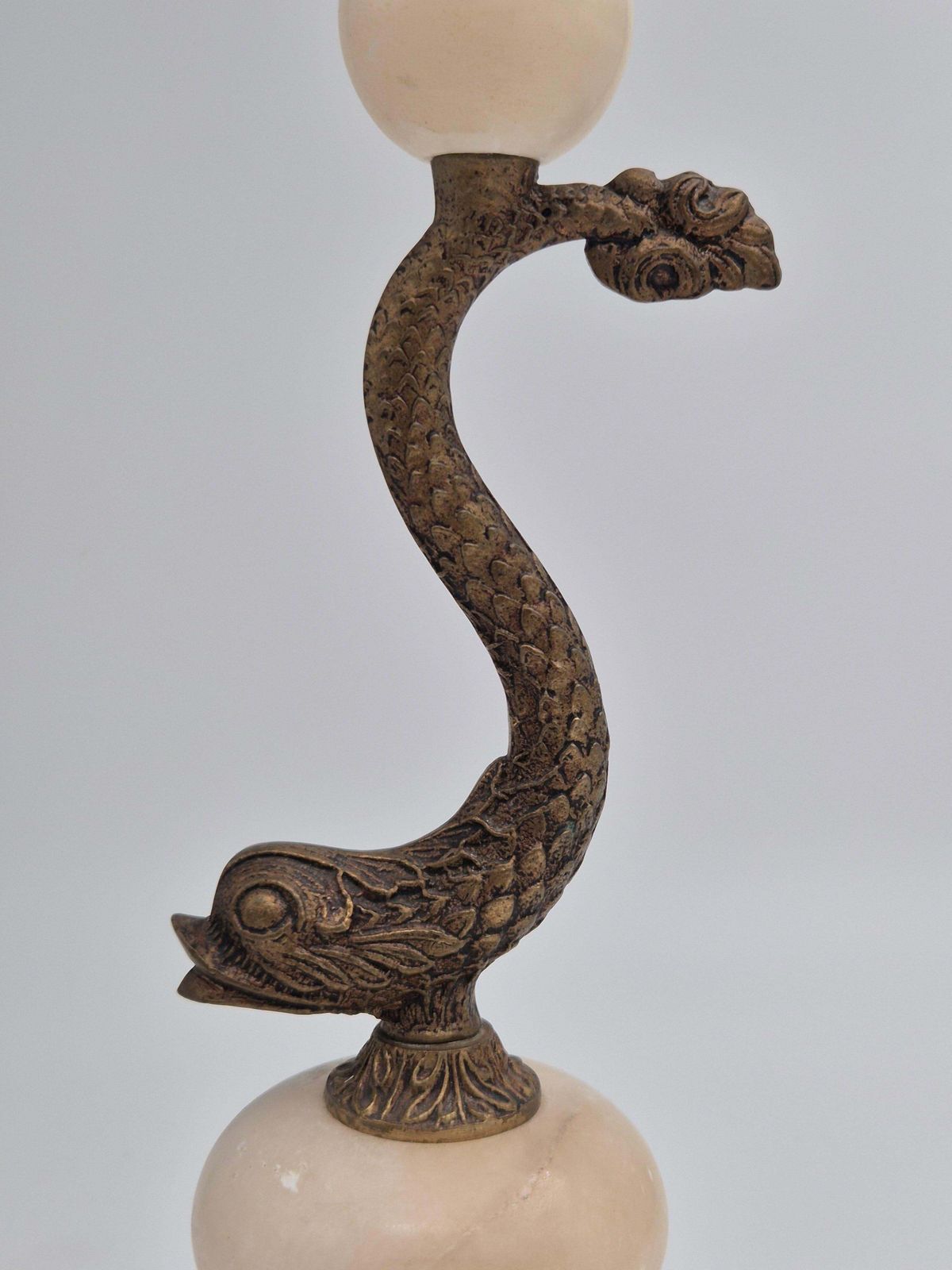 Sculptural Table Lamp In Alabaster With Decor Of Fish/Dolphin, Swedish Grace photo Lighting