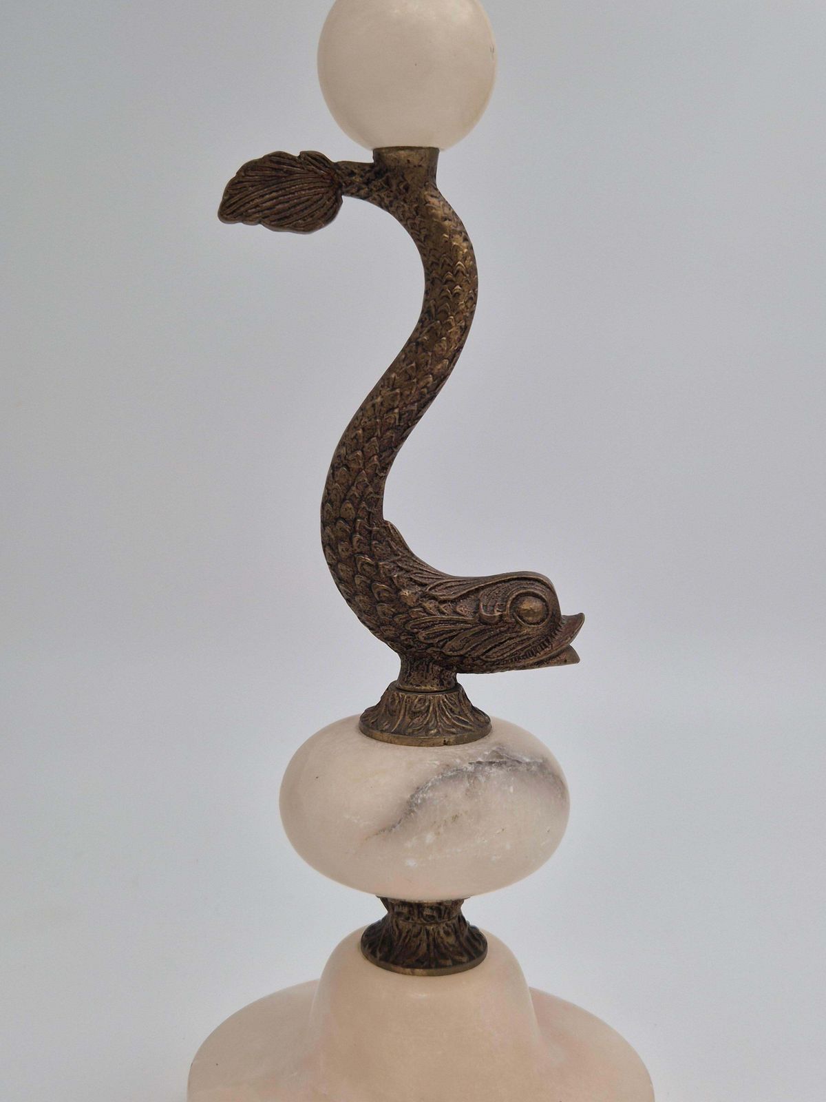 photo furniture Sculptural Table Lamp In Alabaster With Decor Of Fish/Dolphin, Swedish Grace