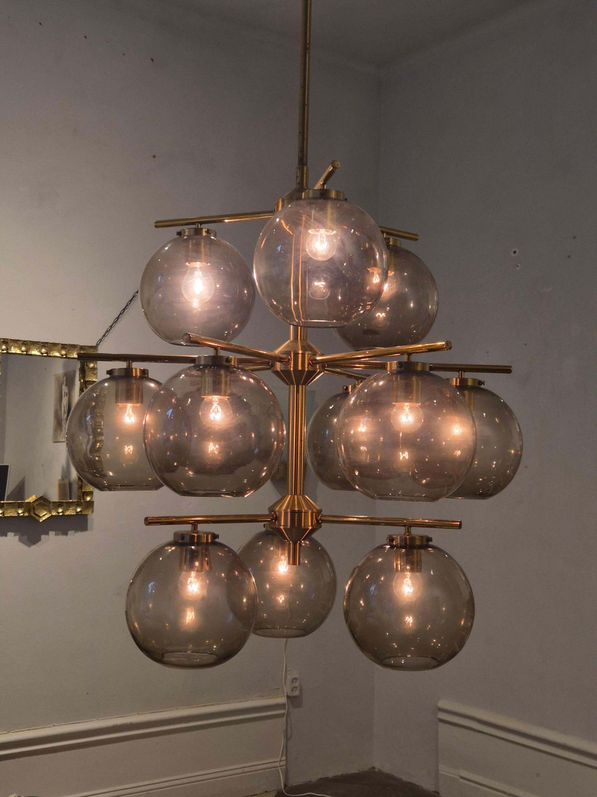 Holger Johansson, Chandelier In Brass And Grey Glass, Scandinavian Modern photo furniture