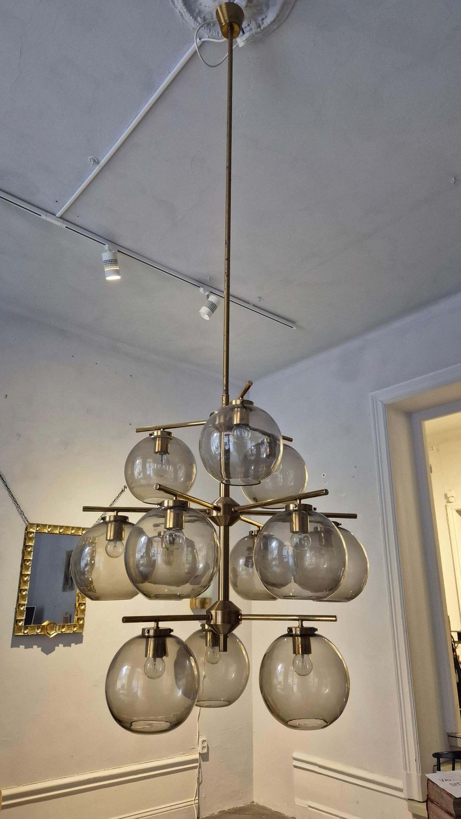 Holger Johansson, Chandelier In Brass And Grey Glass, Scandinavian Modern photo 16567.0