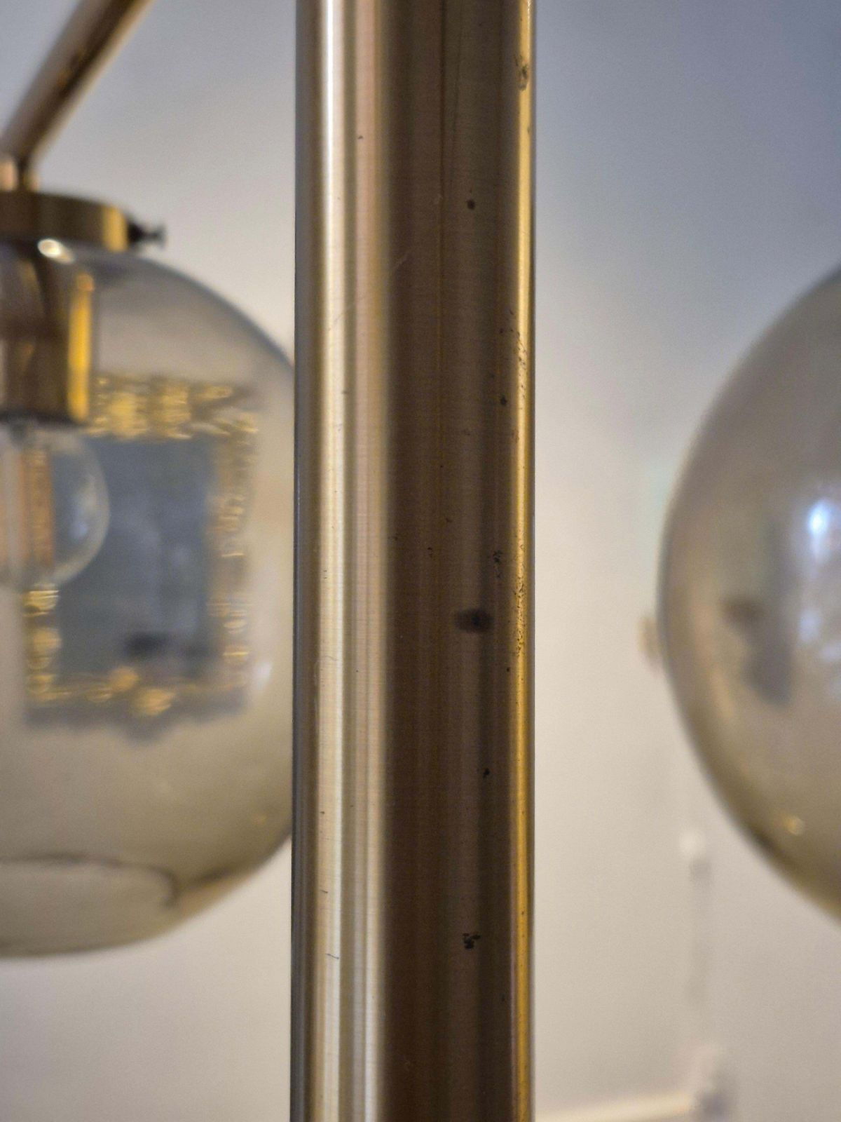 photo vintage Holger Johansson, Chandelier In Brass And Grey Glass, Scandinavian Modern
