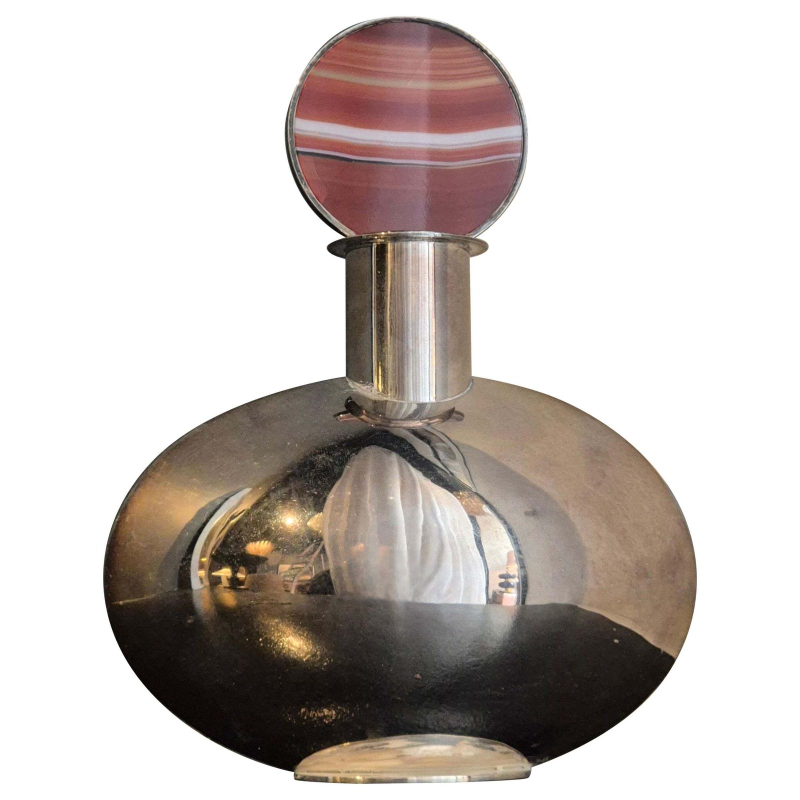 Sculptural Flask In Solid Silver With Agate By Inga Lagervall, Swedish 1952.