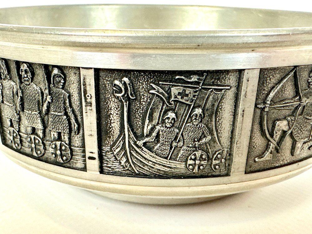 photo for sale Vintage Norwegian Bowl With Viking Scenes From Konge Pewter H.S., 1960s