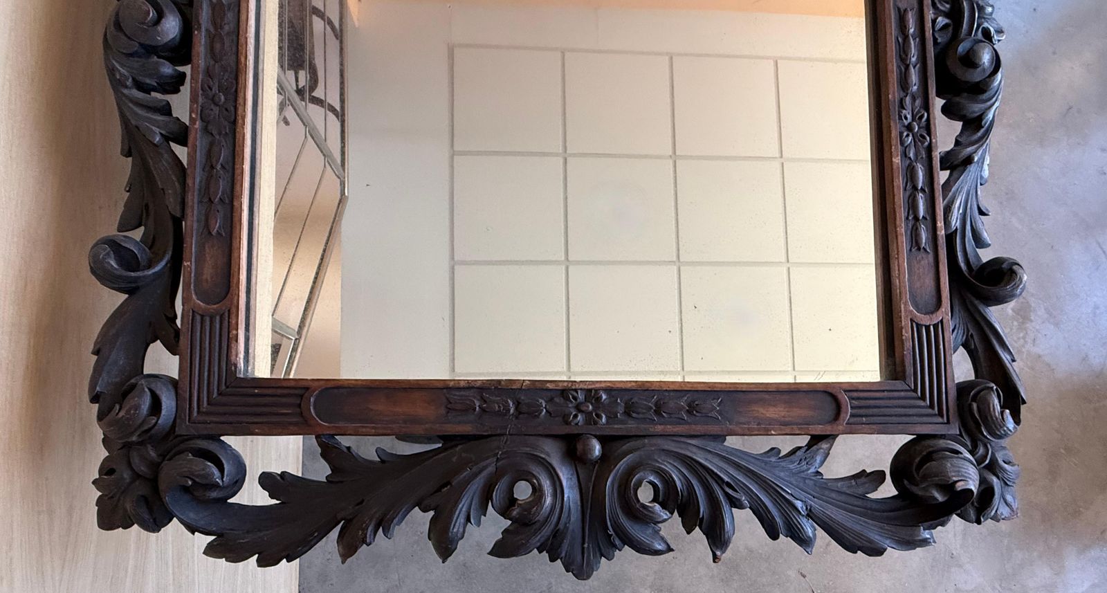 Early 20th Spanish Black Forest Carved Mirror With Floral Motif photo Home Decor