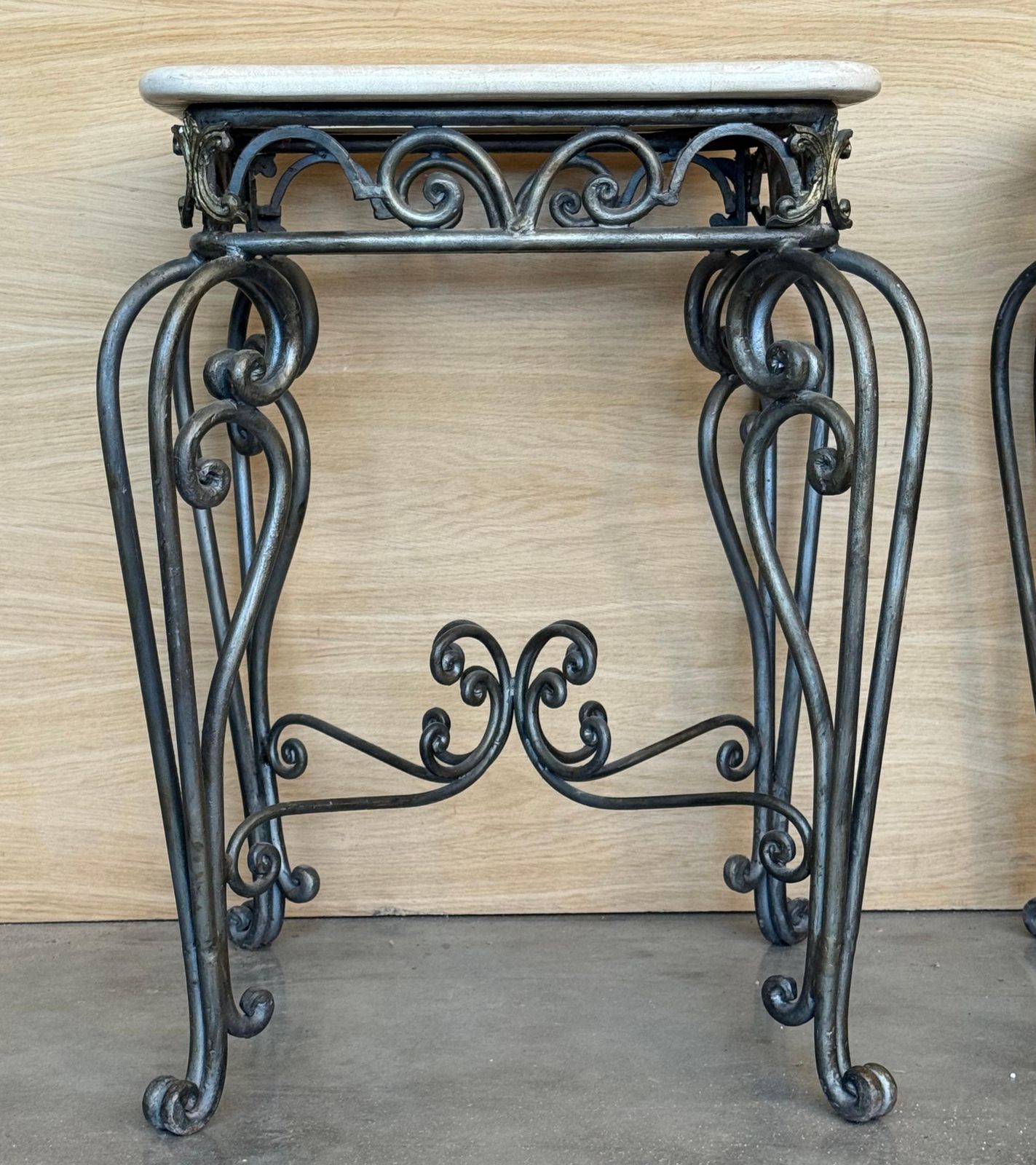 Pair Of Neoclassical Style Patinated Forged Iron Planter Stands With Marble Top photo Home Decor