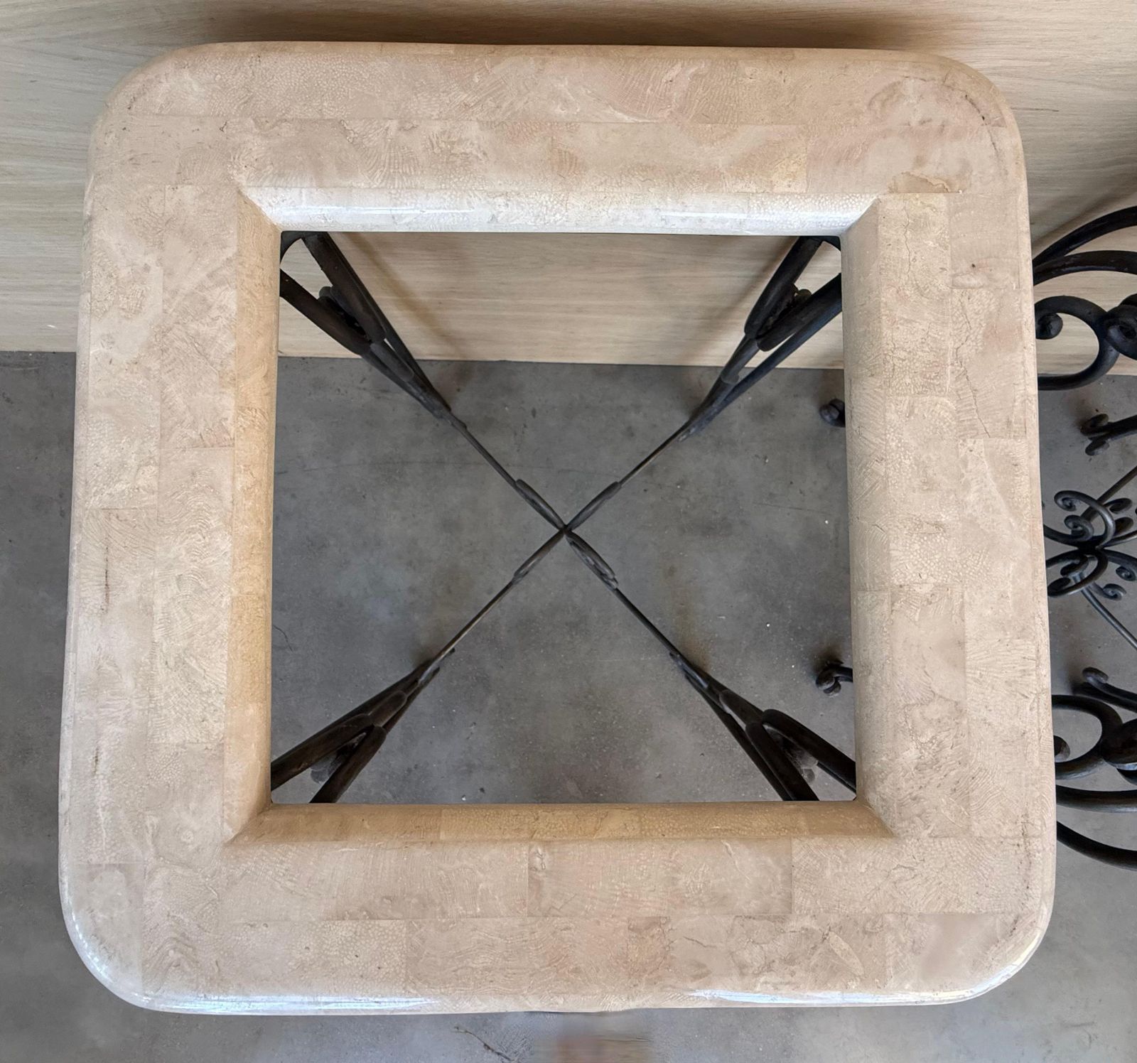 Pair Of Neoclassical Style Patinated Forged Iron Planter Stands With Marble Top photo vintage