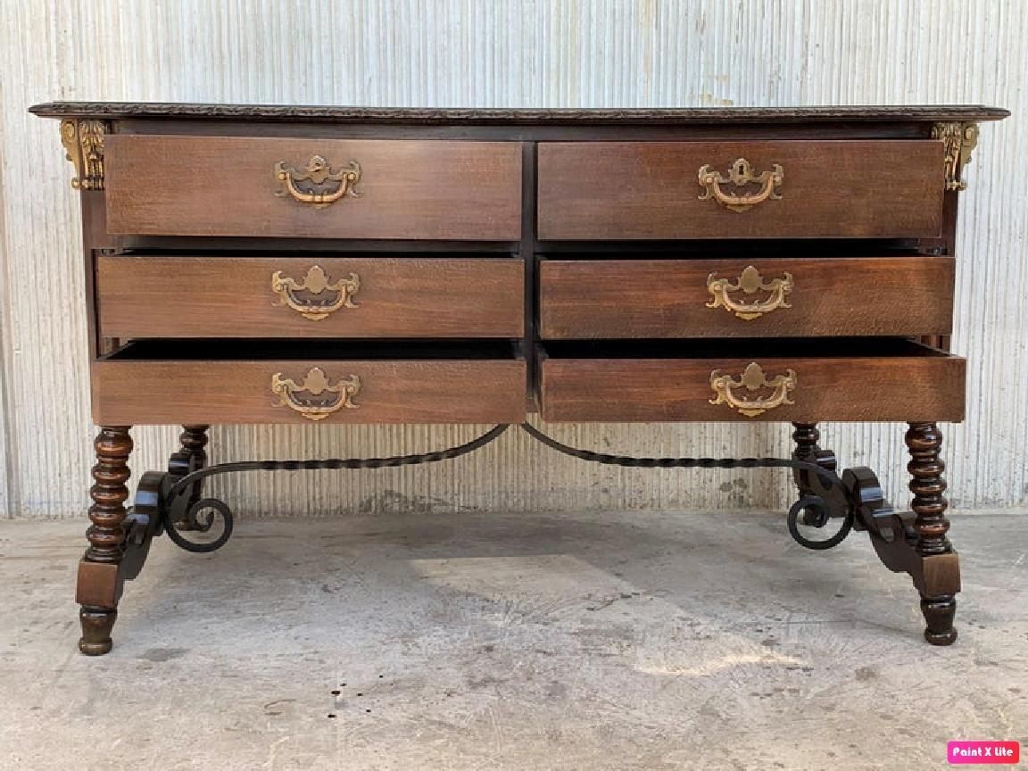 Billot de boucher espagnol double face à six tiroirs et quincaillerie en bronze photo furniture