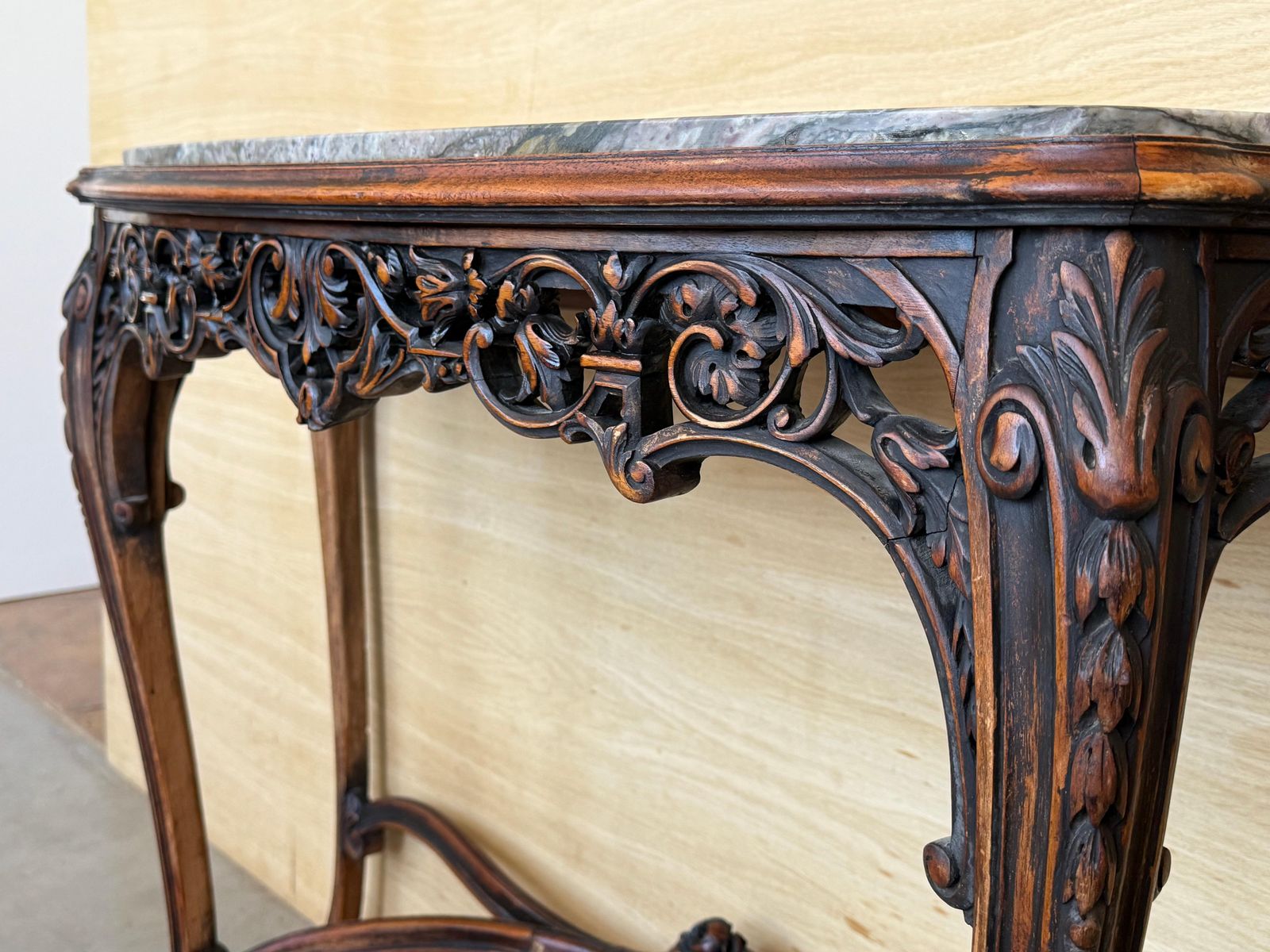 photo furniture French Regency Carved Walnut Console Table With Polychrome Details And Marble To