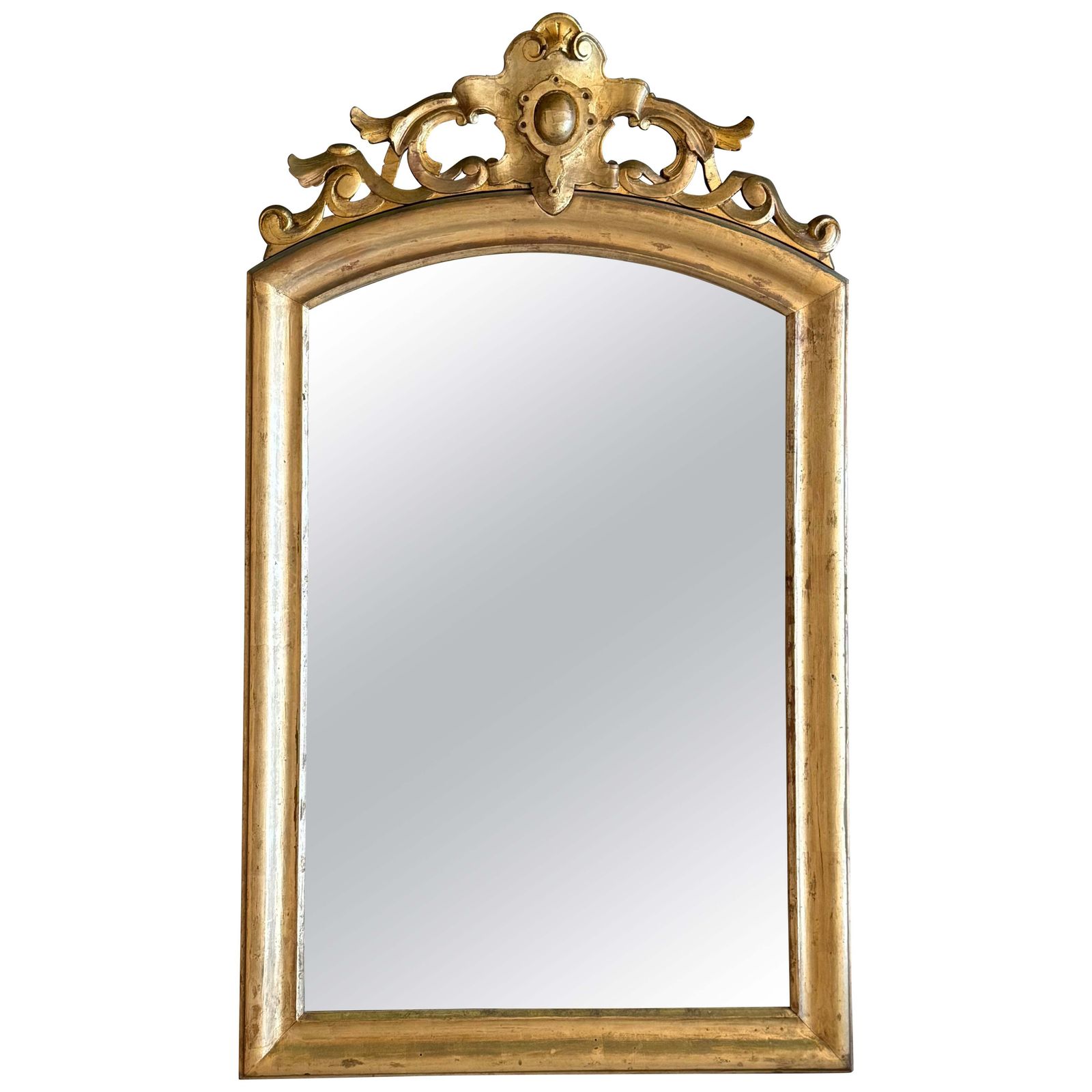 French 19th Century Vertical Gold Gilt Mirror With Floral Crest